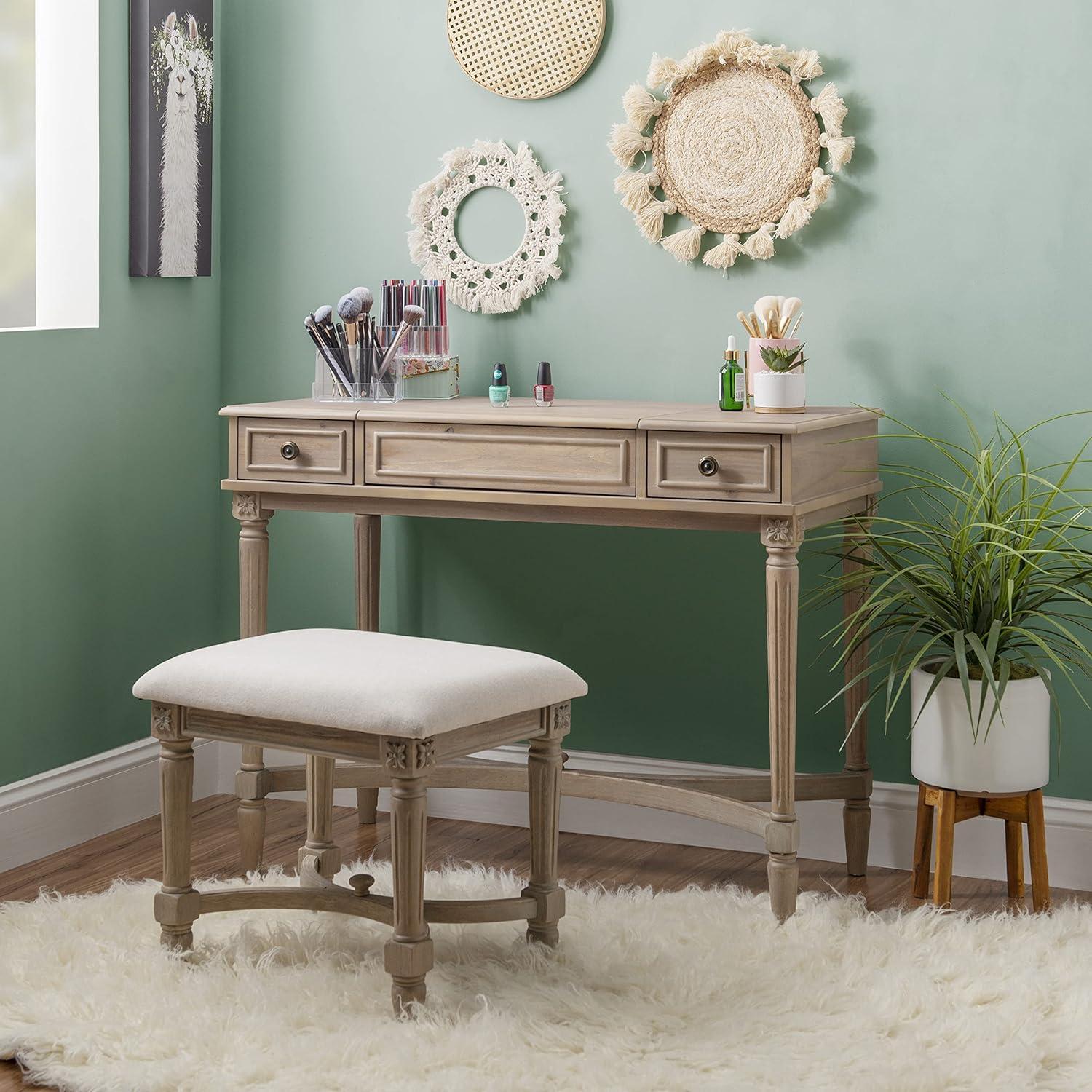 Kelly Clarkson Home June Natural Two Drawer Flip Top Vanity Set with Stool