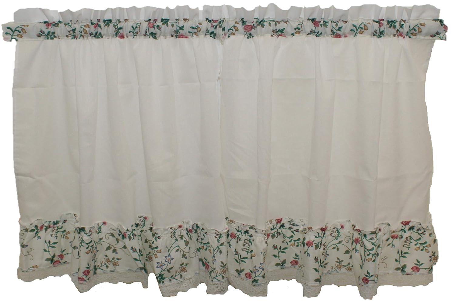 Ellis Country Floral Small Scale 1.5" Rod Pocket Floral Pattern with Ruffle Lace Edge Tier 58"x24" Multicolor