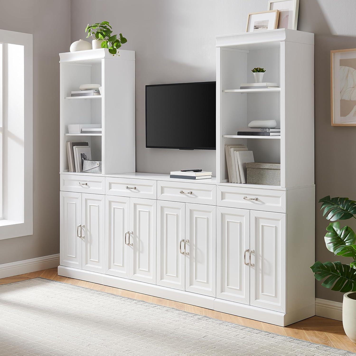 78" Crosley Stanton 3pc Sideboard And Storage Bookcase Set White: Traditional Farmhouse Design, Ample Organizational Space