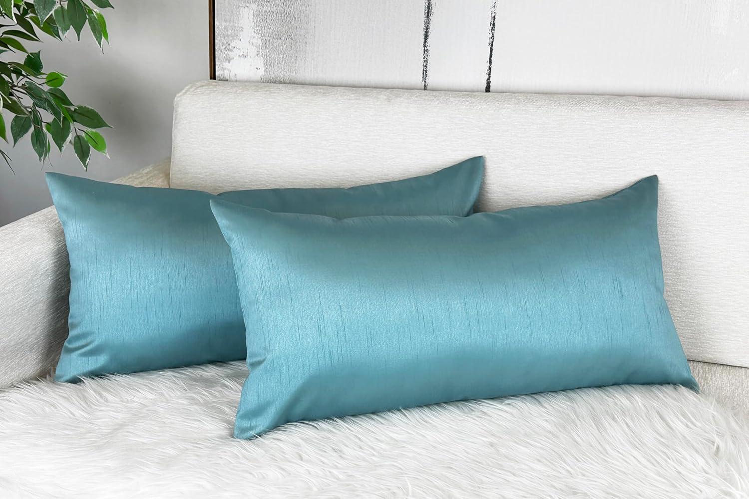 Aqua Faux Silk Rectangular Throw Pillow Set, 24" x 12"