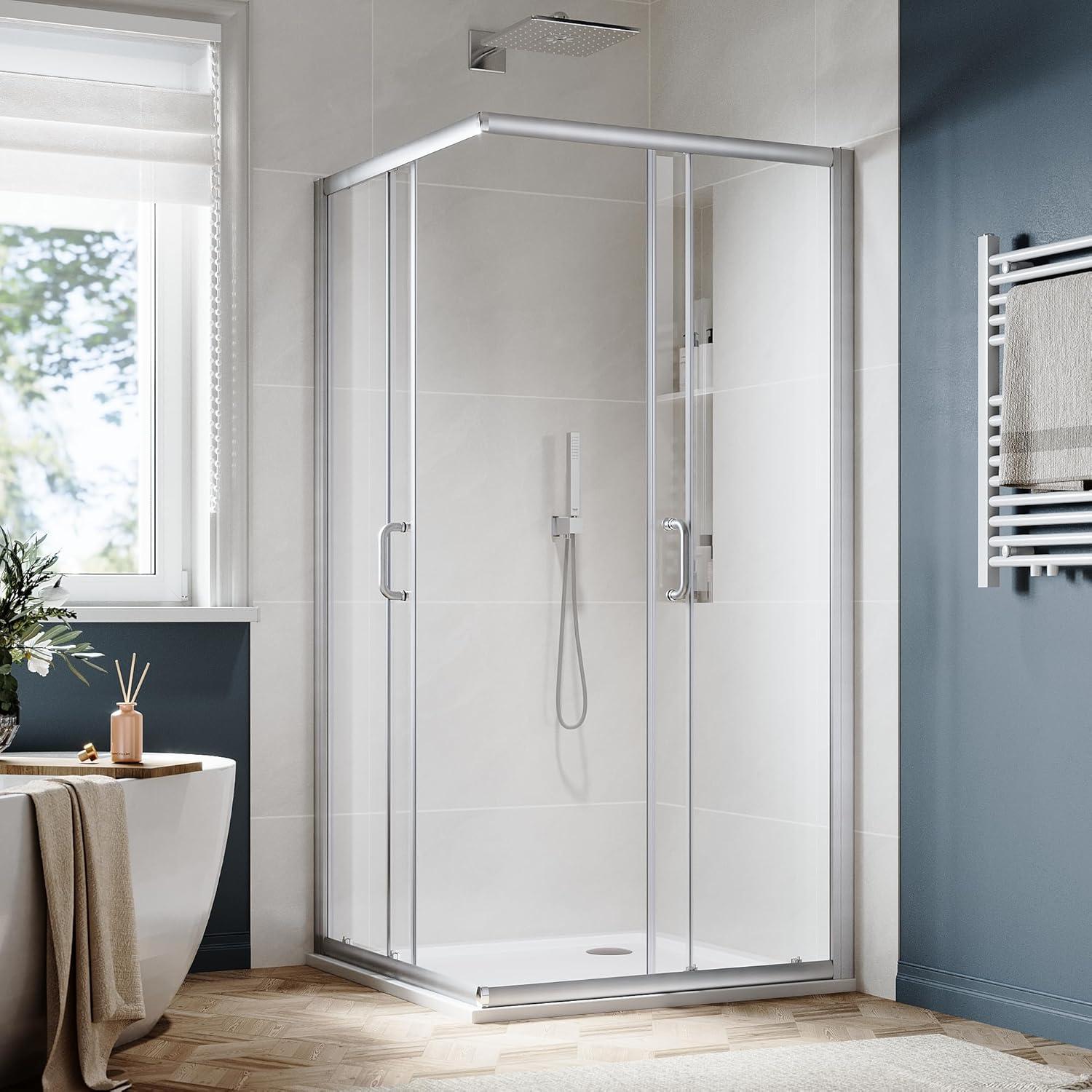 Sunny Shower Corner Entry Sliding Shower Door 36 in.D x 36 in. W x 72 in. H Brushed Nickel Finish Shower Enclosure