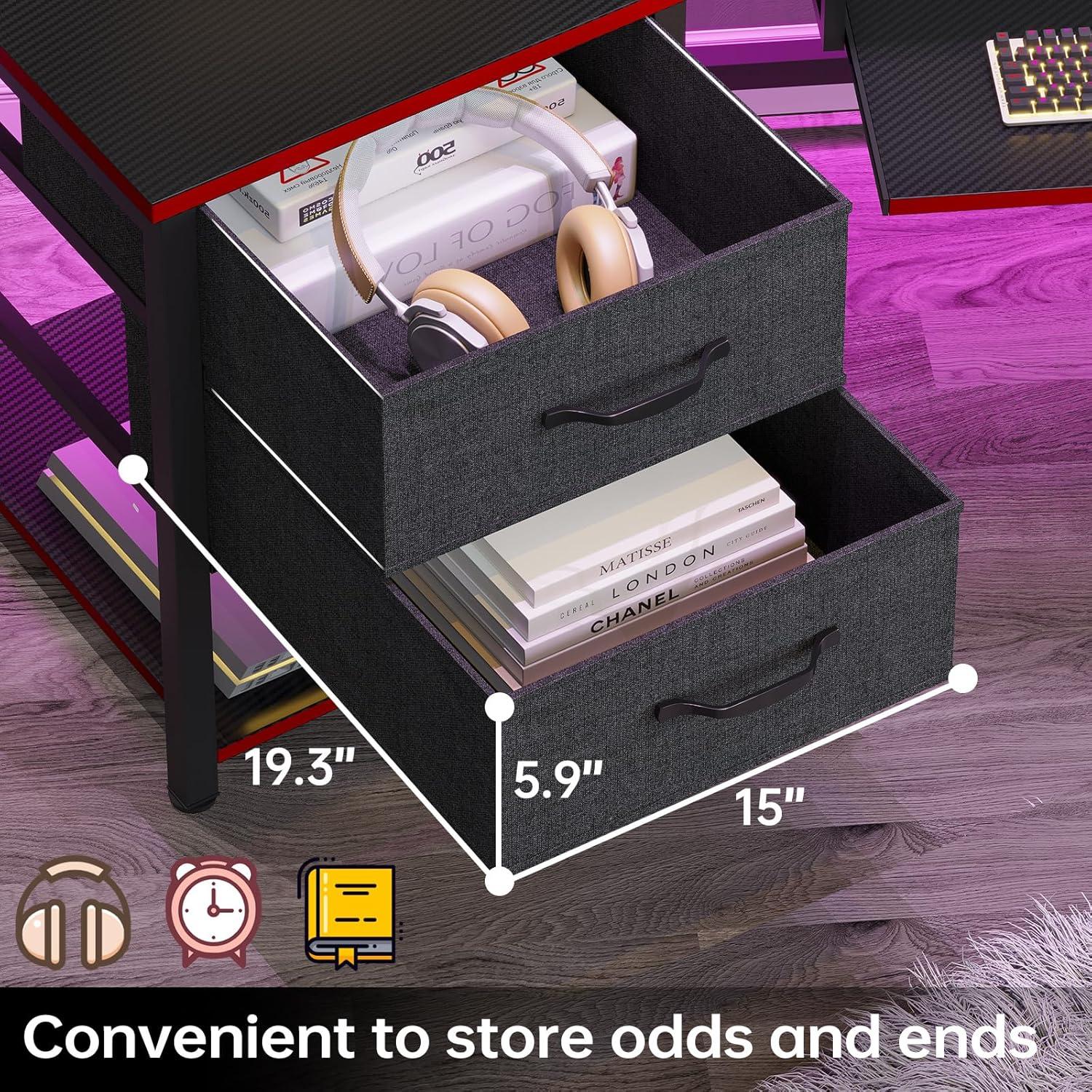 79" Gaming Desk, Computer Desk with 2 Fabric Drawers & LED Light, L Shaped Gaming Desk with Storage Shelf for Home Office, Carbon Fiber Black&Red