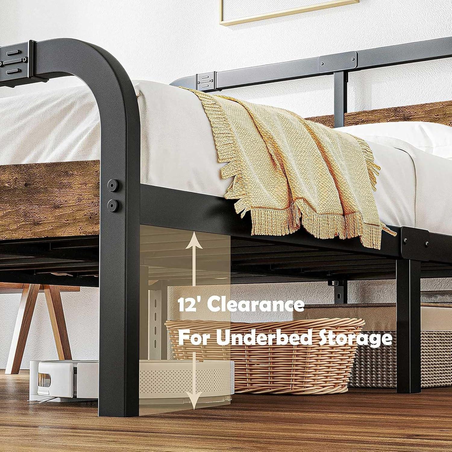 ZIYOO Industrial Style Metal Twin XL Bed Frame with Rustic Wood Headboard and Footboard, 14 Inch High Heay Duty Steel Slats Support No Box Spring Needed，Easy Assembly Structure