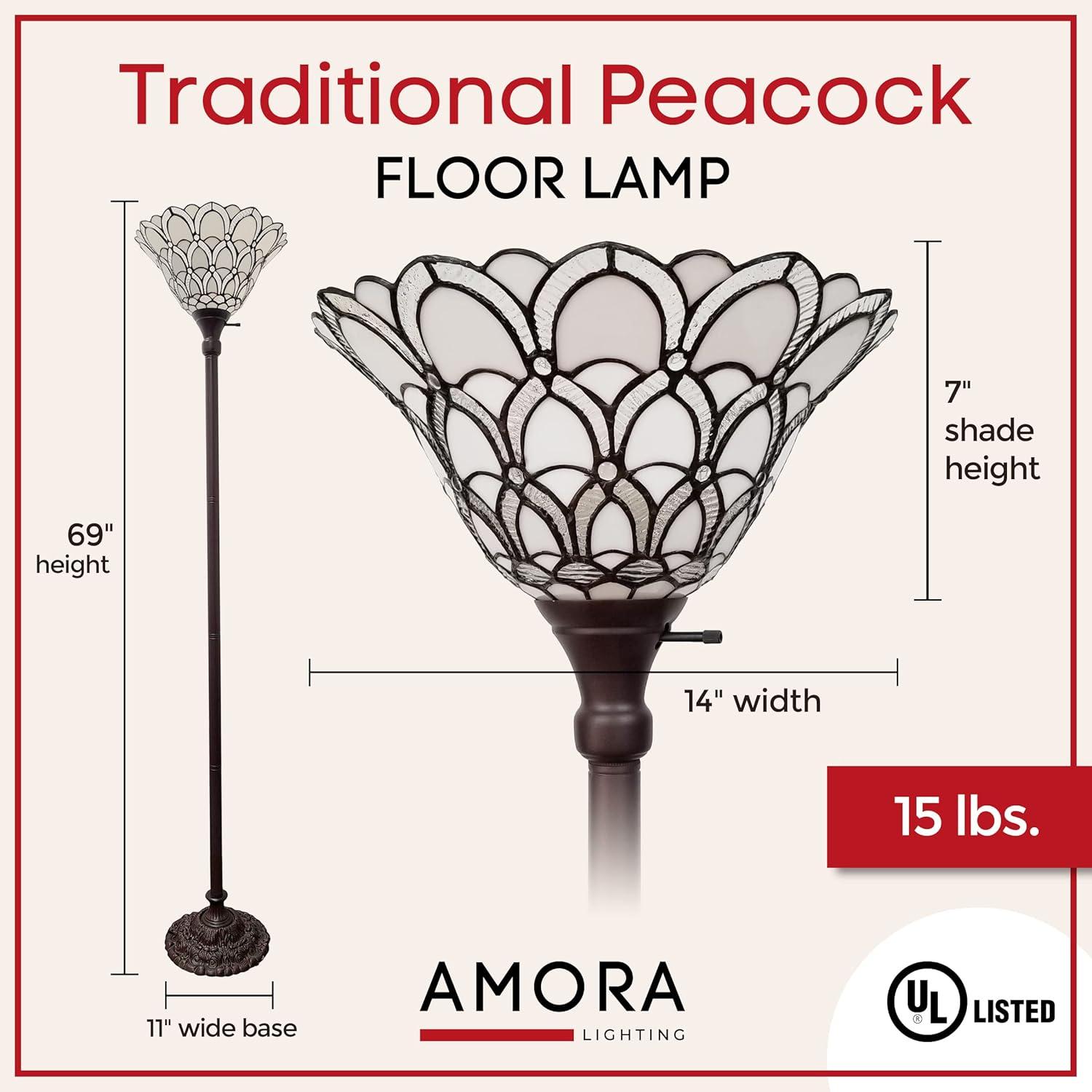 Amora Lighting Tiffany Style 69" Jeweled Peacock Floor Torchiere Lamp Amora AM071FL14