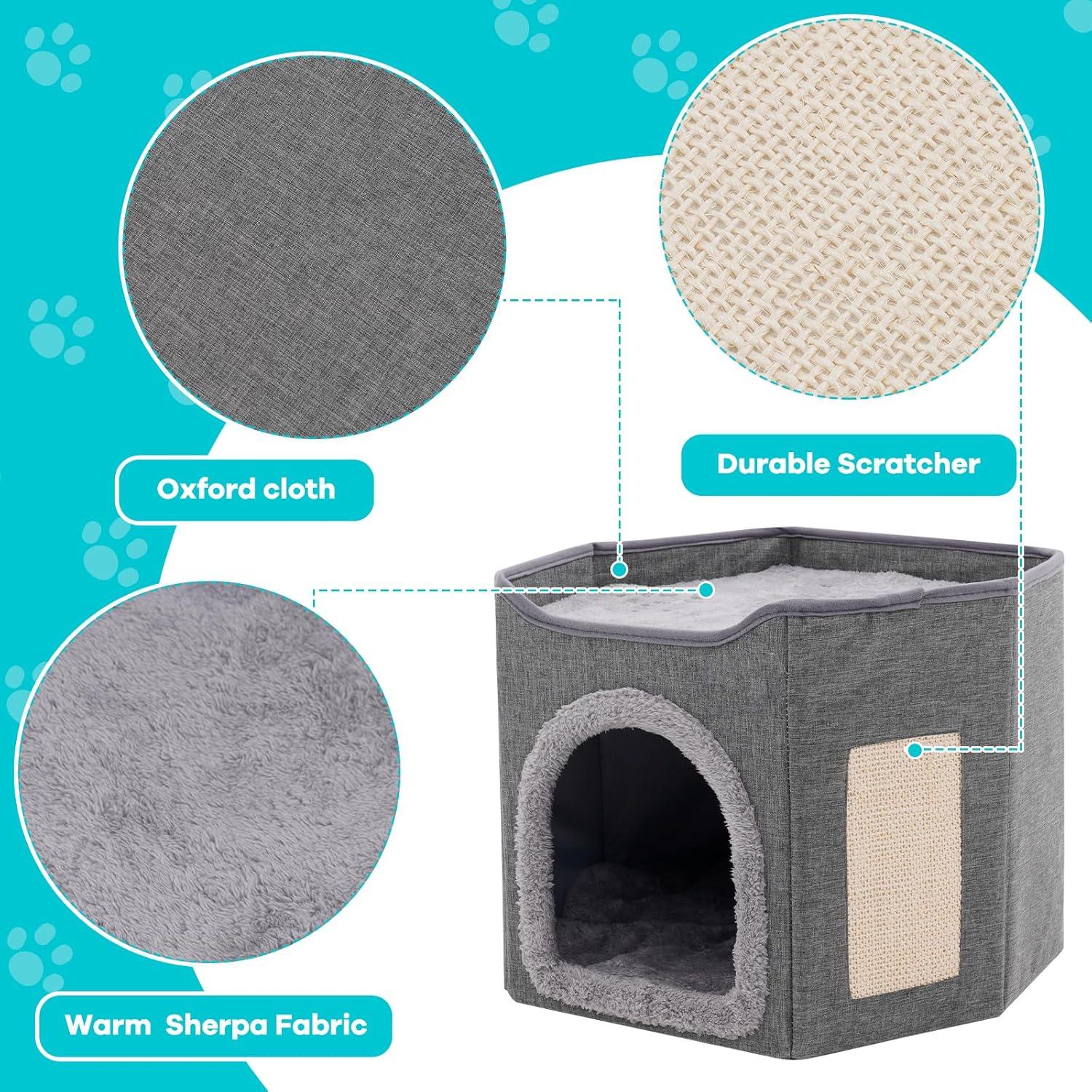 Cat Bed for Indoor Cats Cube House, Covered Cat Cave Beds & Furniture with Scratch Pad and Hideaway Tent, Cute Modern Cat Condo for Multi Small Pet Large Kitten Kitty, Dark Grey