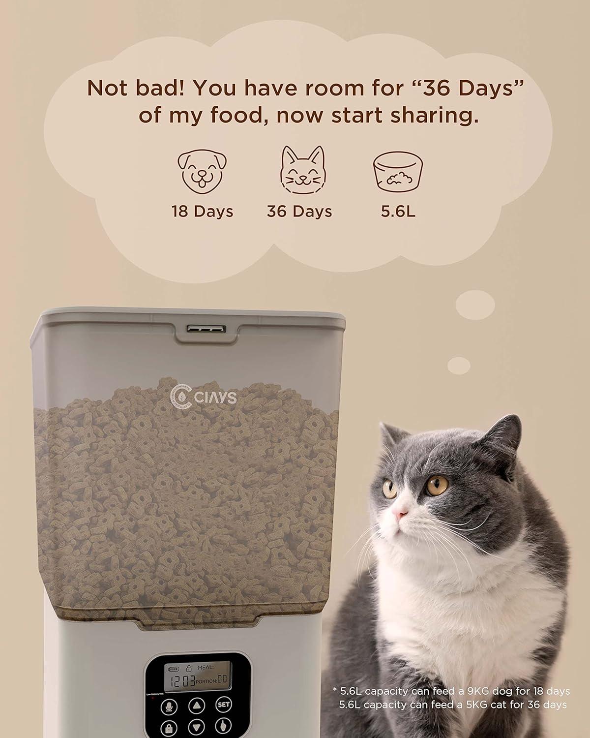 Ciays Automatic Cat Feeder, 5.6L, Control 4 Meals Per Day, Pet Dry Food Dispenser, Dual Power Supply & Voice Recorder, White C48