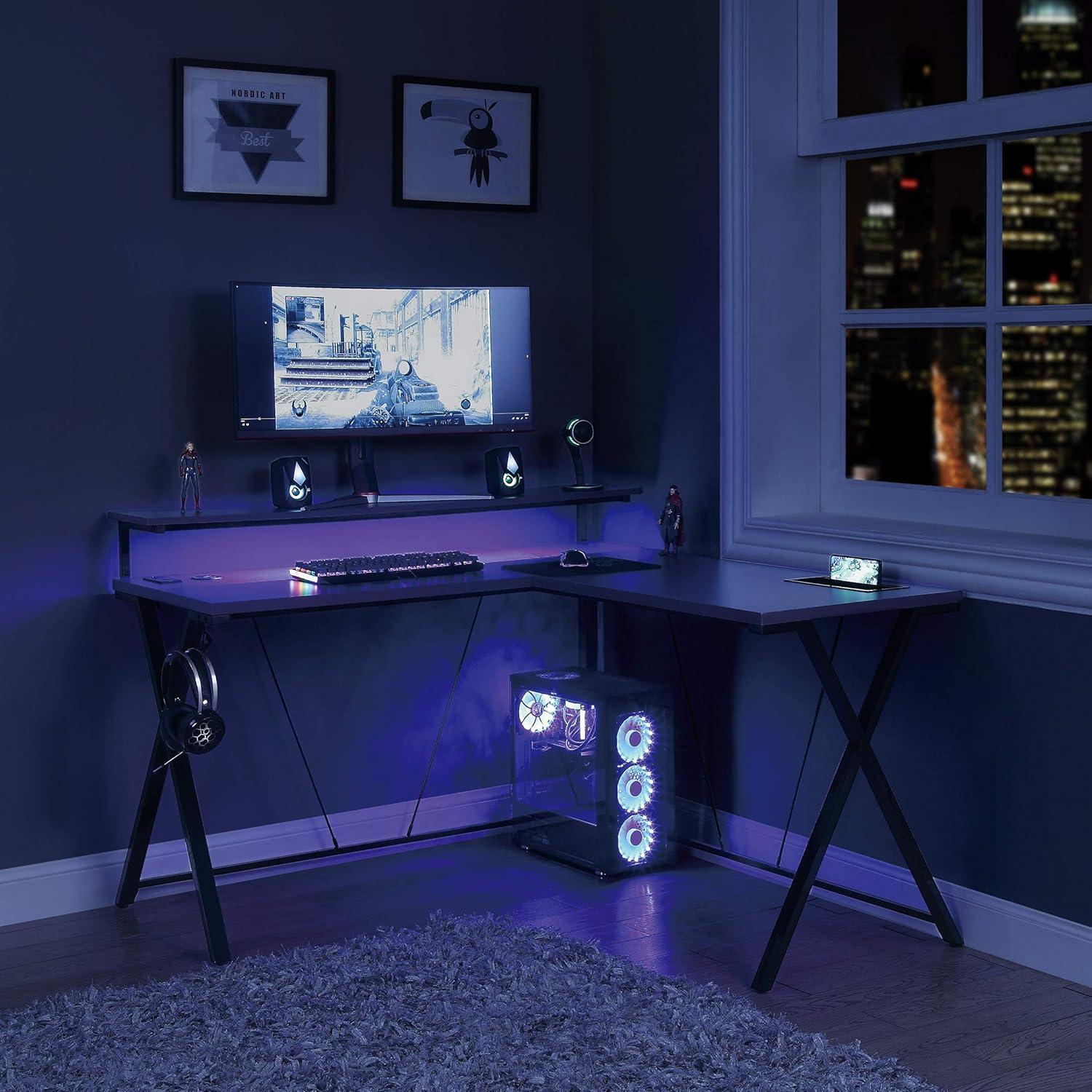 OSP Home Furnishings Checkpoint Battlestation L shaped Gaming Desk with RGB LED Lights