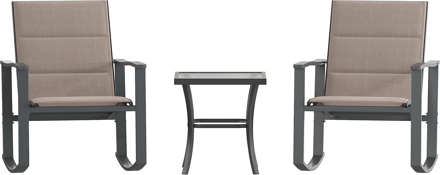 Flash Furniture Brazos 3 Piece Outdoor Rocking Chair Bistro Set with Flex Comfort Material and Steel Framed Glass Top Table, Brown/Black