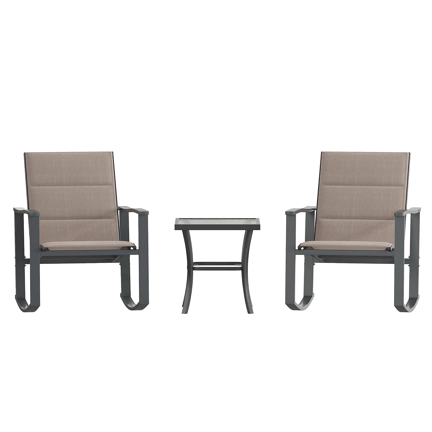 Flash Furniture Brazos 3 Piece Outdoor Rocking Chair Bistro Set with Flex Comfort Material and Steel Framed Glass Top Table, Brown/Black