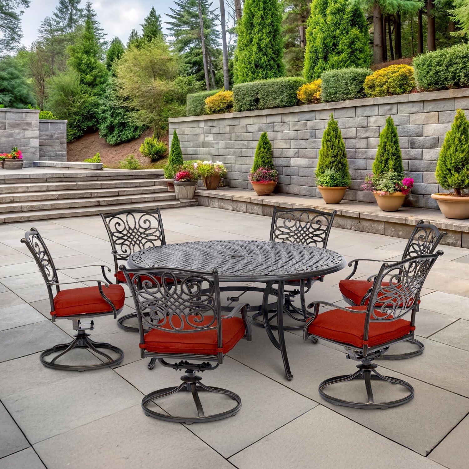 Hanover Traditions 7 Pcs Aluminum Outdoor Dining Set with Cast-top Table, Red