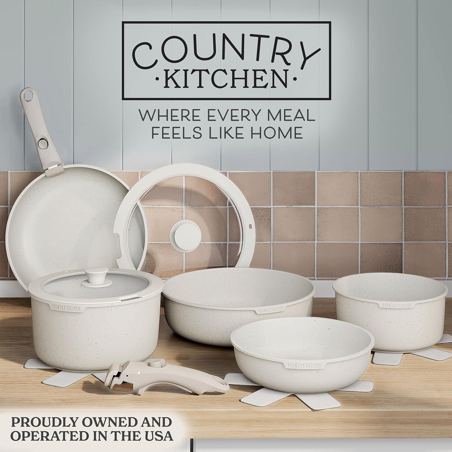 Country Kitchen 13-Pc Pots and Pans Set with Removable Handles Nonstick Cookware Set, Cream