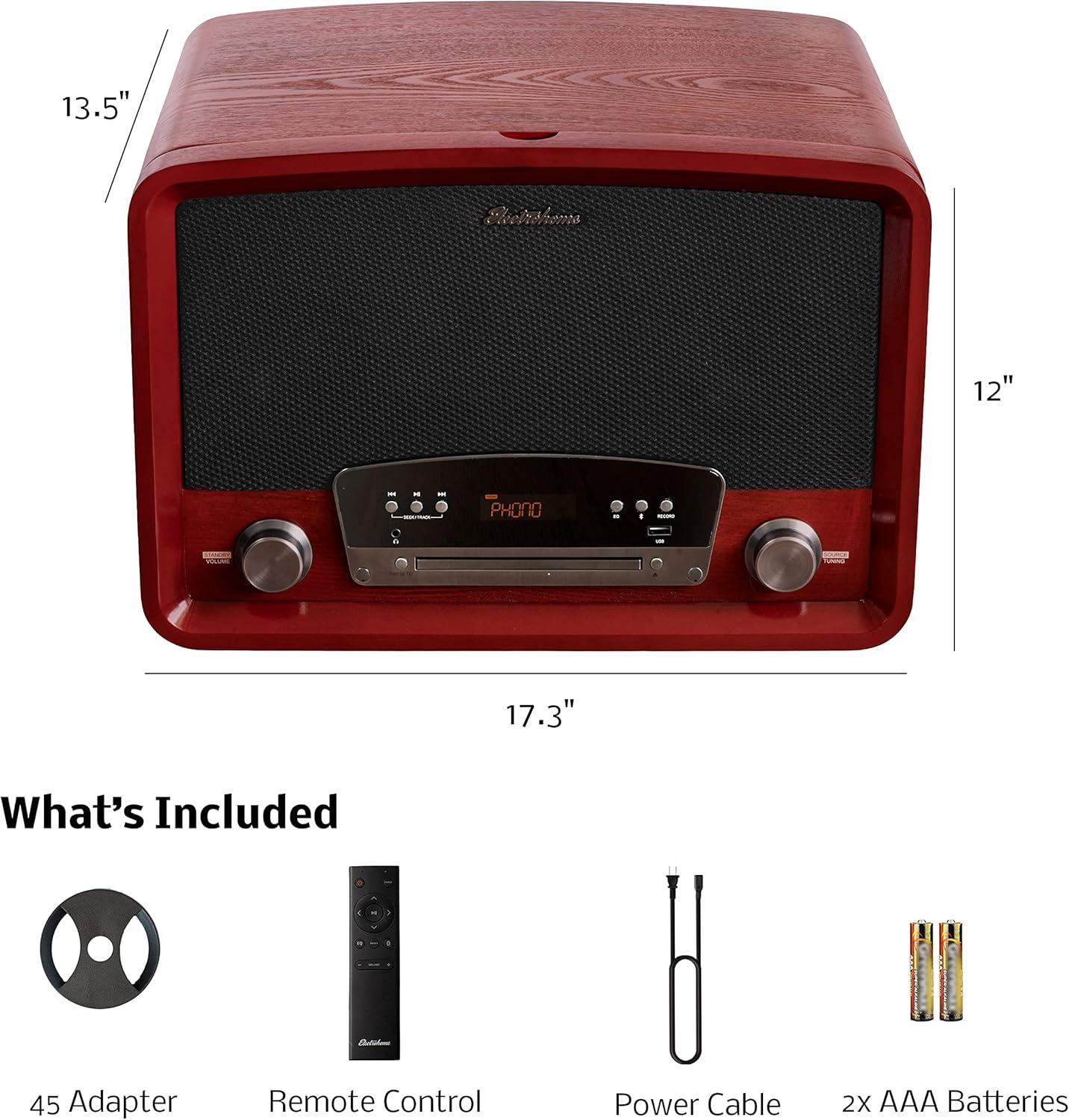 Electrohome Kingston Vintage Vinyl Record Player Stereo System - Turntable, Bluetooth, Radio, CD, Aux, USB, Vinyl to MP3 - Cherry