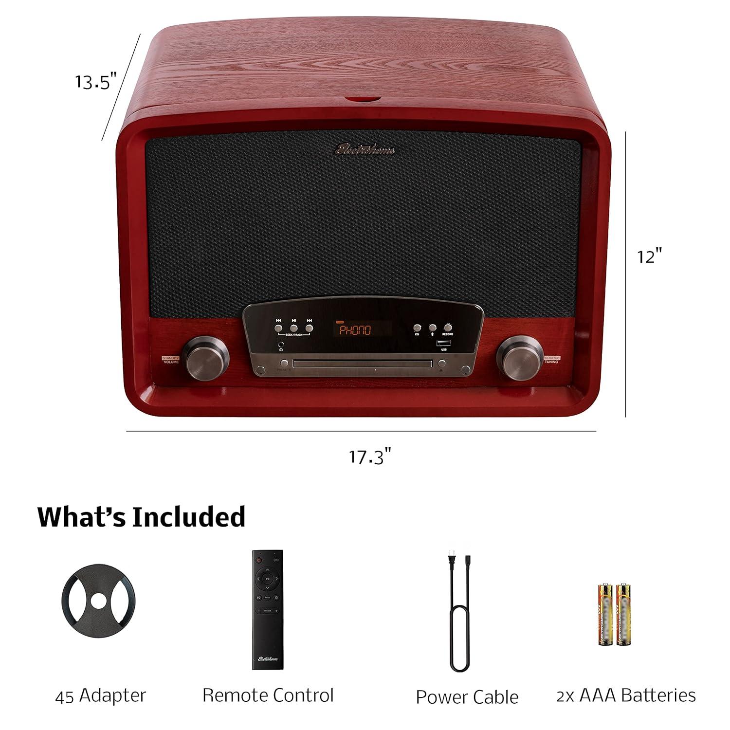 Electrohome Kingston Vintage Vinyl Record Player Stereo System - Turntable, Bluetooth, Radio, CD, Aux, USB, Vinyl to MP3 - Cherry