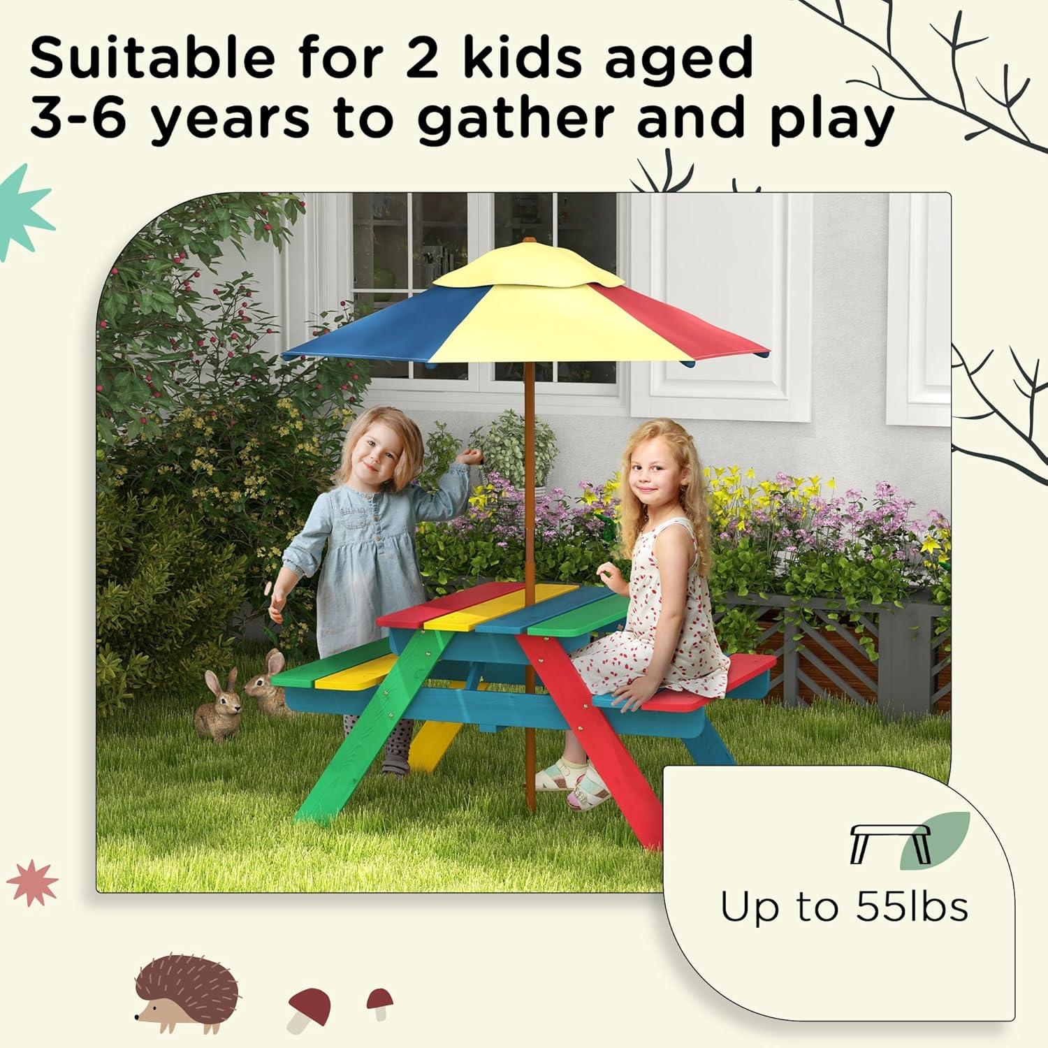 Outsunny Kids Picnic Table Set with Parasol, Wooden Outdoor Bench Set with Seating for 2 Children 3-6 Years Old, for Patio, Backyard, Indoor Use