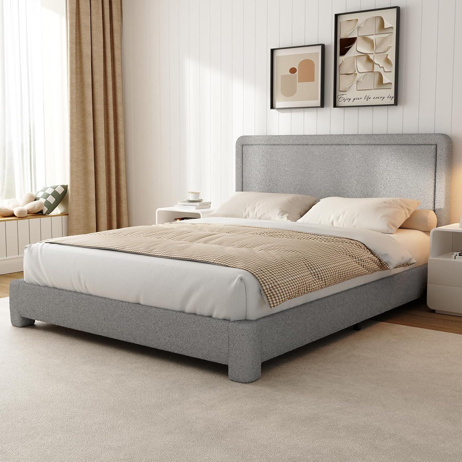 Queen Size Boucle Bed Frame, Upholstered Cloud Bed Frame with Adjustable Headboard, Soft Rounded Corners, No Box Spring Required, Easy Assembly, Black