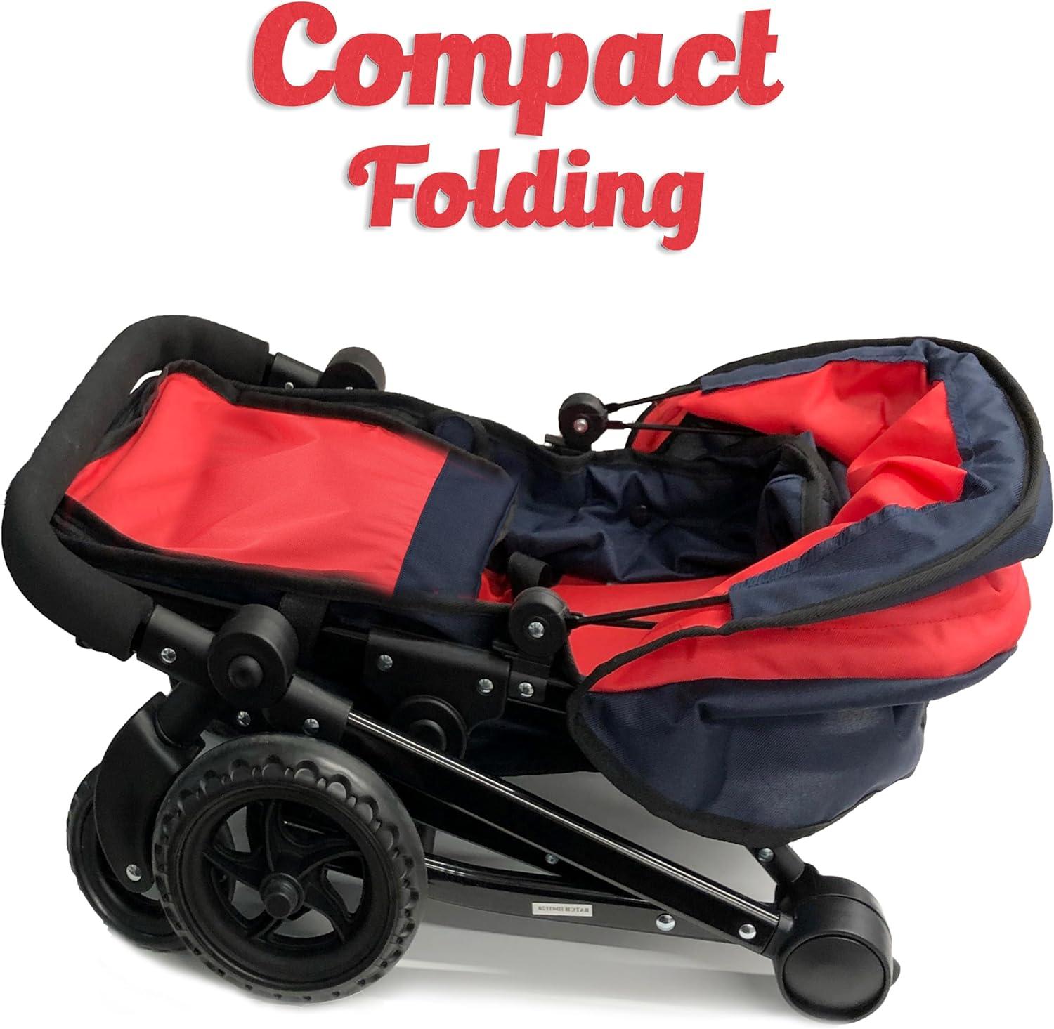 Double Doll Stroller for Twin Baby Dolls - Convertible Seat Toy Stroller for Toddlers 3 Years and up, Adjustable Handle with Storage Basket, Red Design for Kids