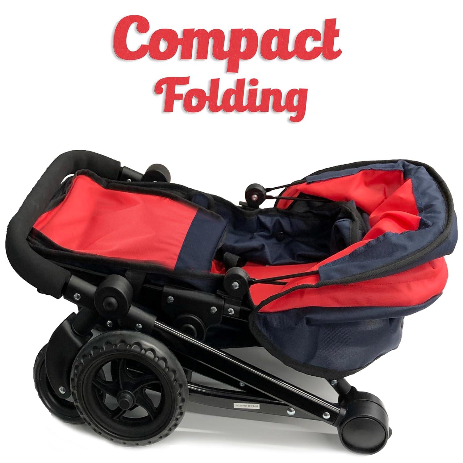 Double Doll Stroller for Twin Baby Dolls - Convertible Seat Toy Stroller for Toddlers 3 Years and up, Adjustable Handle with Storage Basket, Red Design for Kids