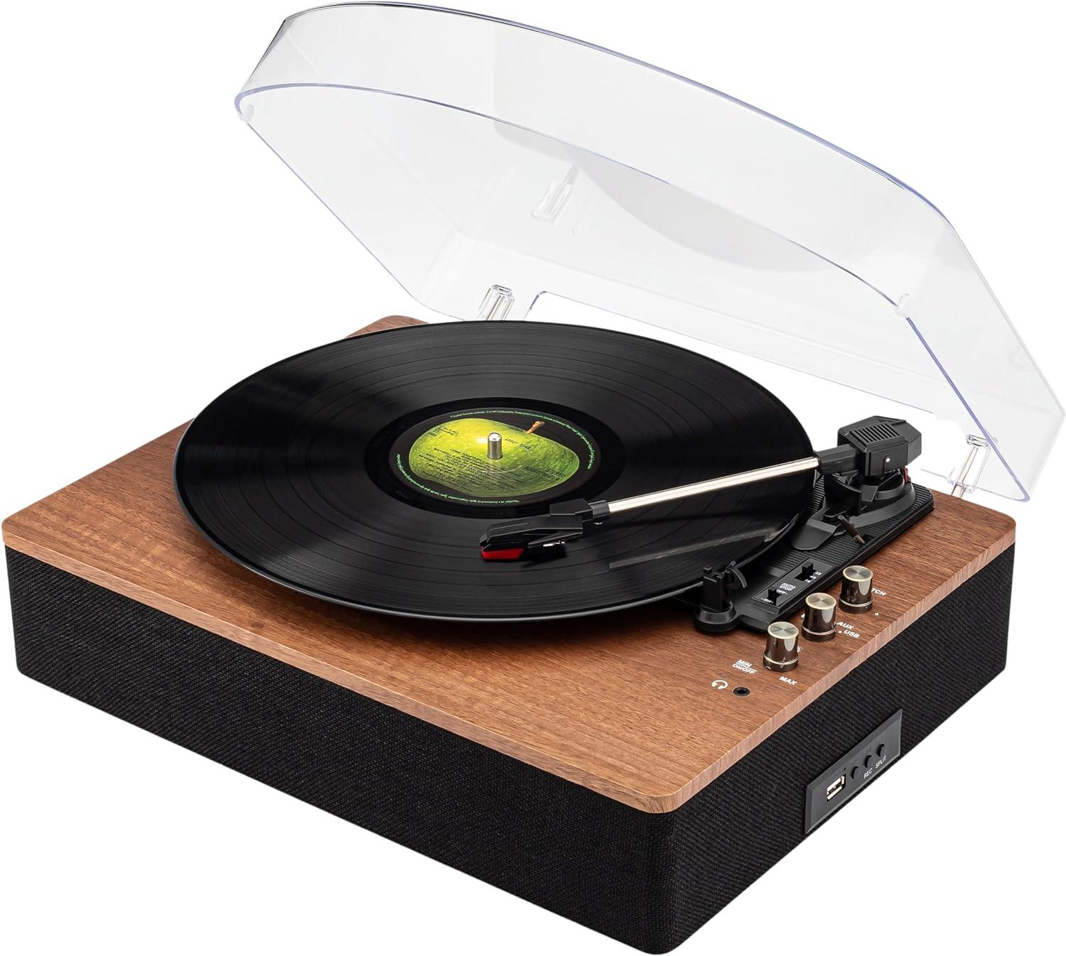 Retro Brown Wooden Turntable with Bluetooth and USB