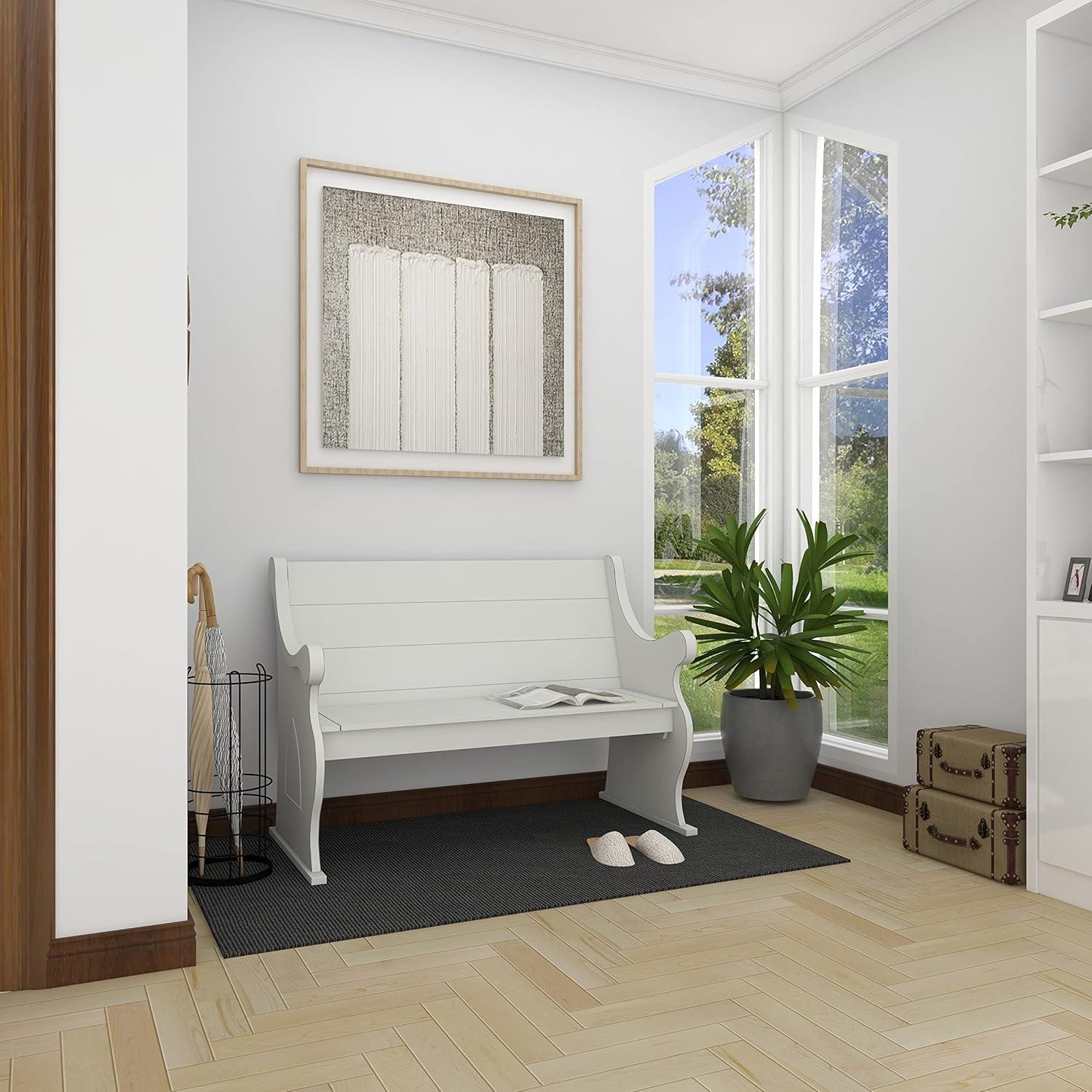 DecMode Wood Storage Bench with Scrolled Armrests, White