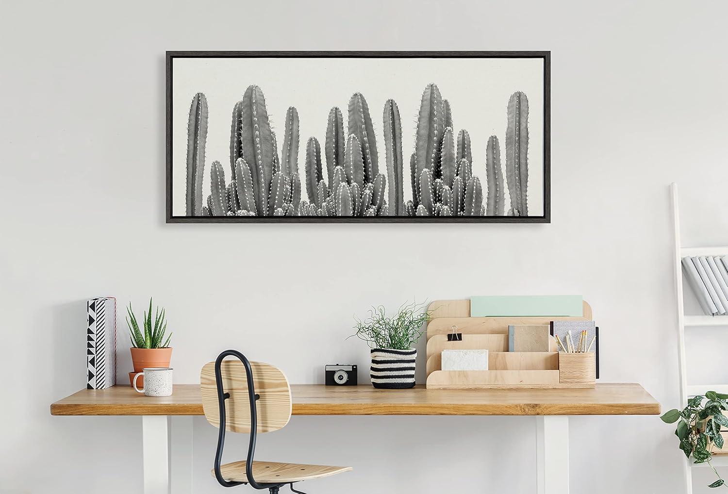 Kate and Laurel Sylvie Black and White Looking Sharp Cactus Garden Framed Canvas Wall Art by The Creative Bunch Studio, 18x40 Panel Gray, Muted Landscape Art