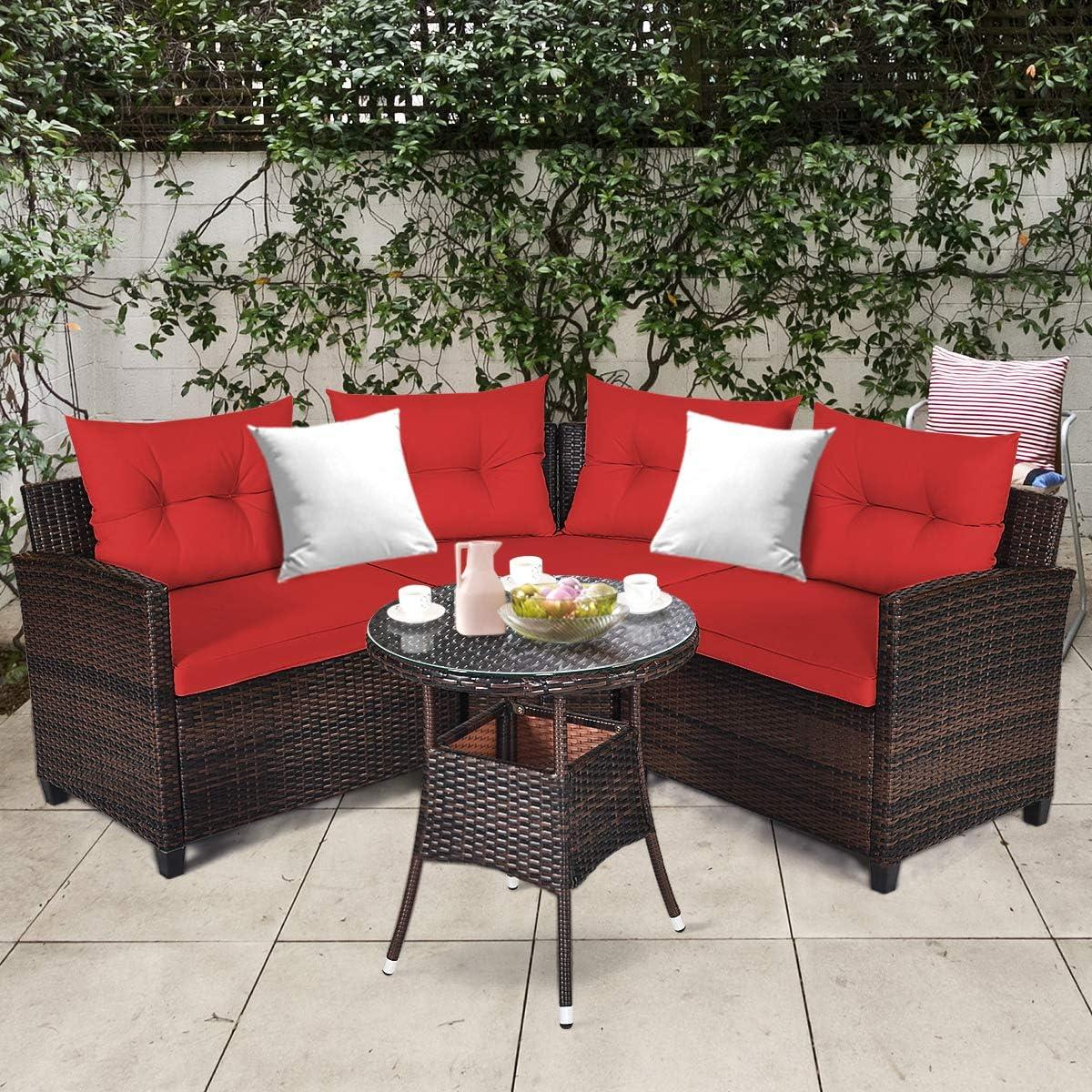 Costway 4PCS Outdoor Patio Rattan Furniture Set Cushioned Sofa Table Red