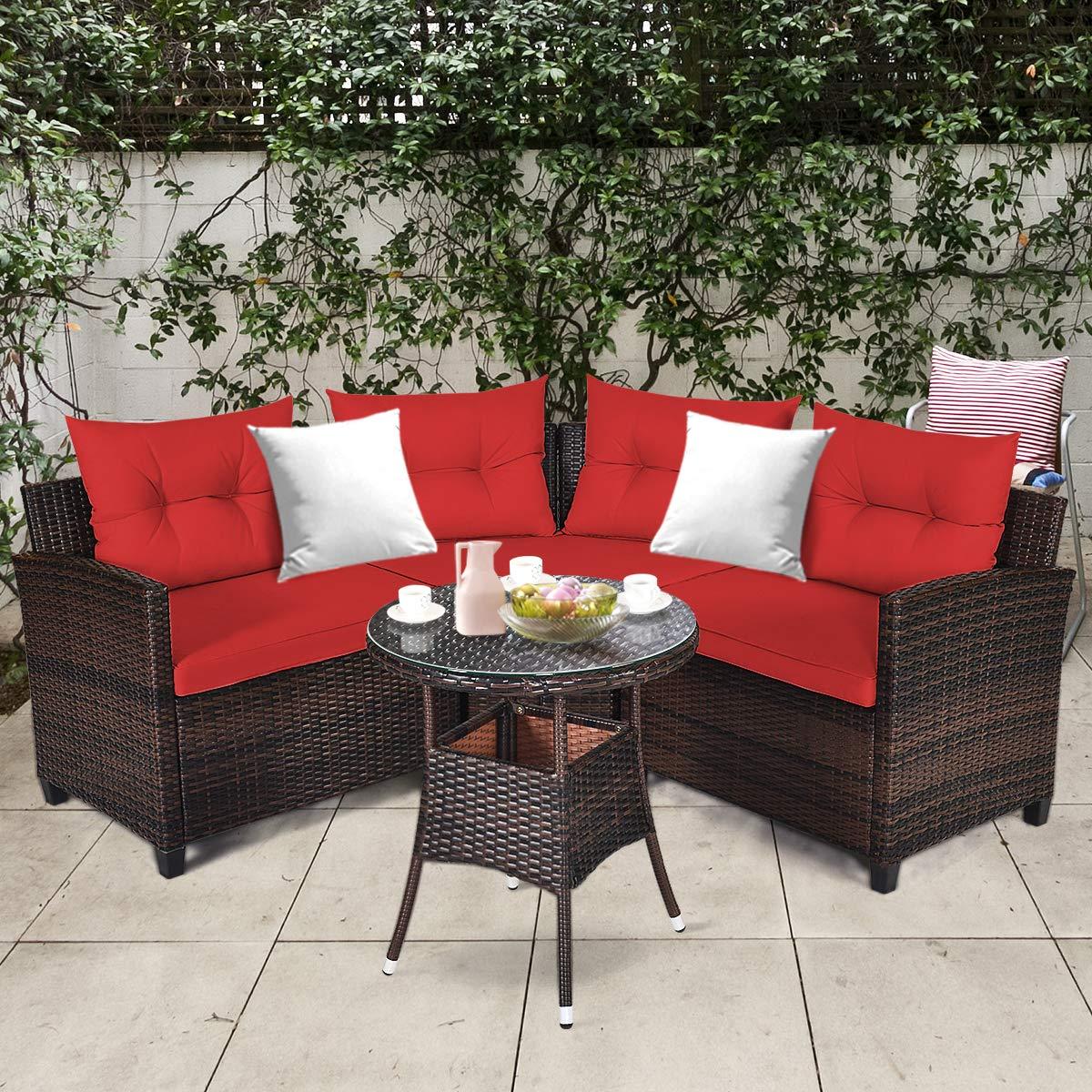 Costway 4PCS Outdoor Patio Rattan Furniture Set Cushioned Sofa Table Red
