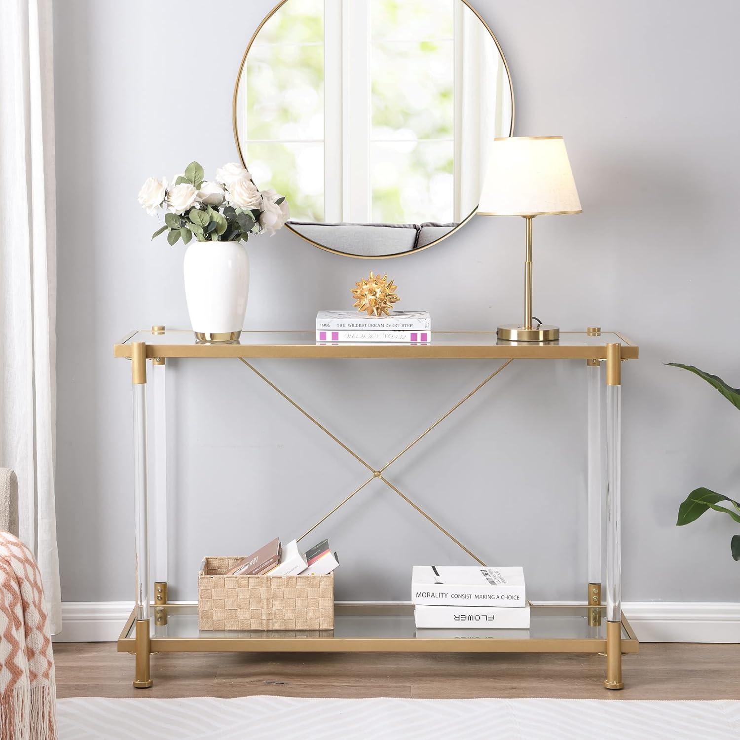 Glavbiku 43.31" Golden Glass Console Table, Acrylic Side Table,Sofa Table for Living Roome,Bedroom,Gold