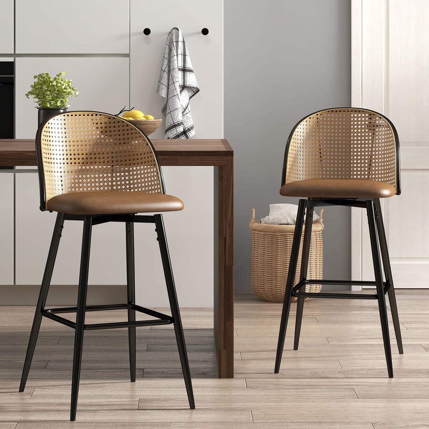 Brown Faux Leather and Rattan Swivel Bar Stools with Metal Legs