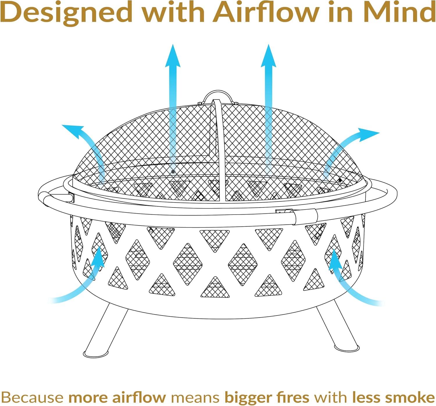 Sunnydaze Outdoor Camping or Backyard Round Crossweave Cut Out Fire Pit with Spark Screen, Log Poker, and Cover - 36"