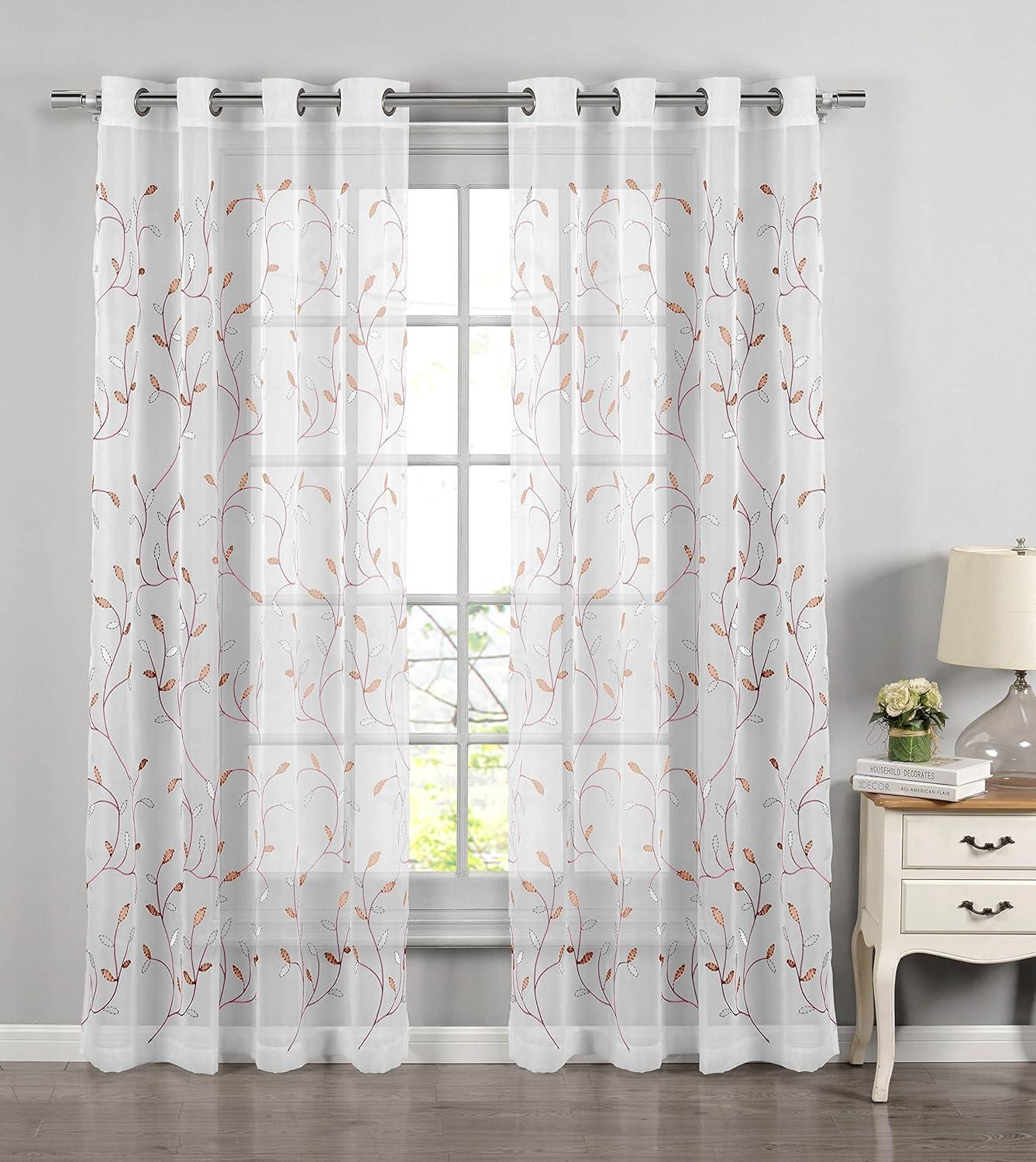 Grommet Curtain Panel, Embroidered Sheer Extra-Wide, Pink 54" x 84"