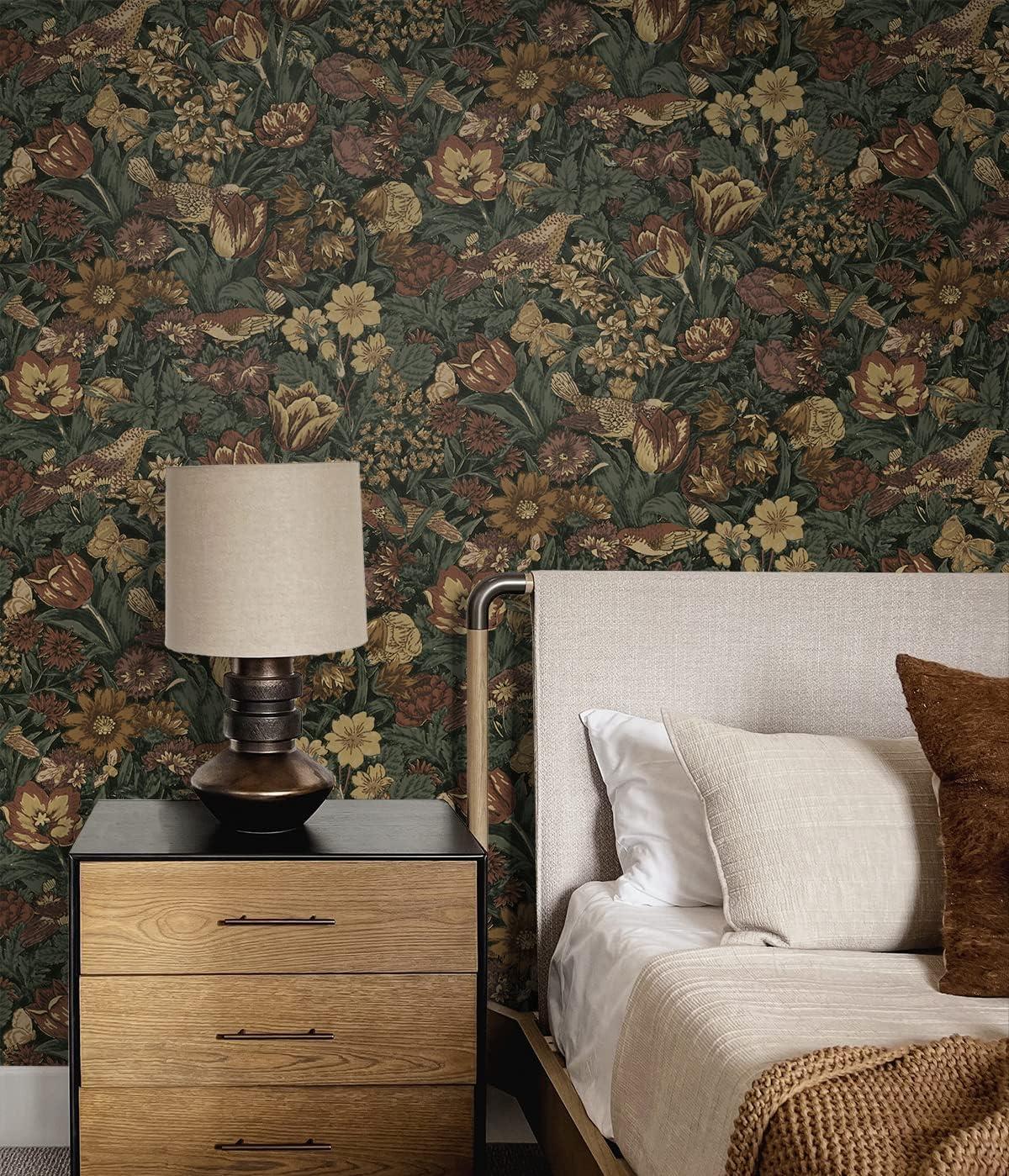 Mahogany and Graphite Bird Floral Pre-pasted Vinyl Wallpaper