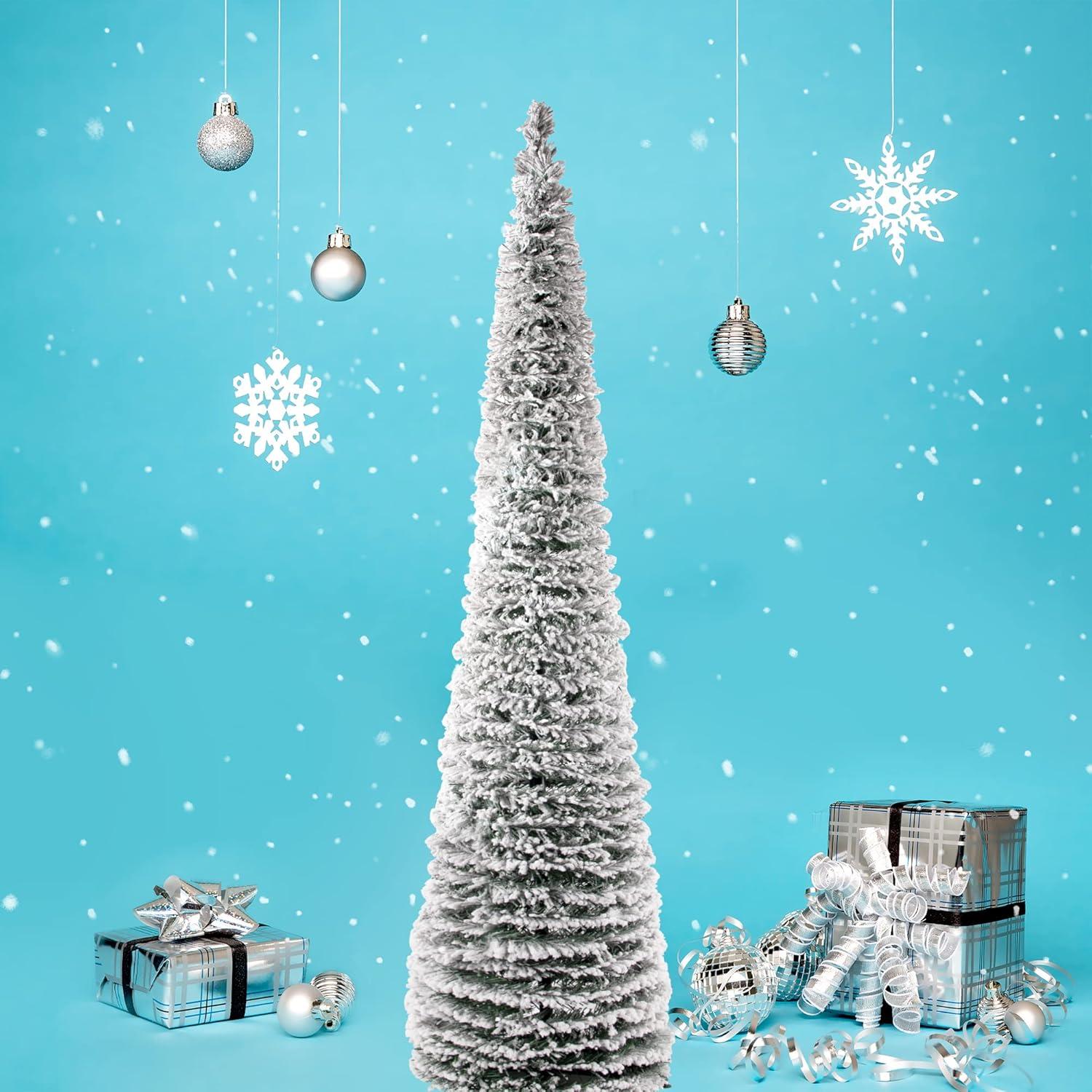 Ayieyill 5FT Pop up Christmas Tree, Snow Flocked Collapsible Christmas Tree White Flocked Pencil Pine Tree for Holiday Christmas Decorations Indoor Outdoor
