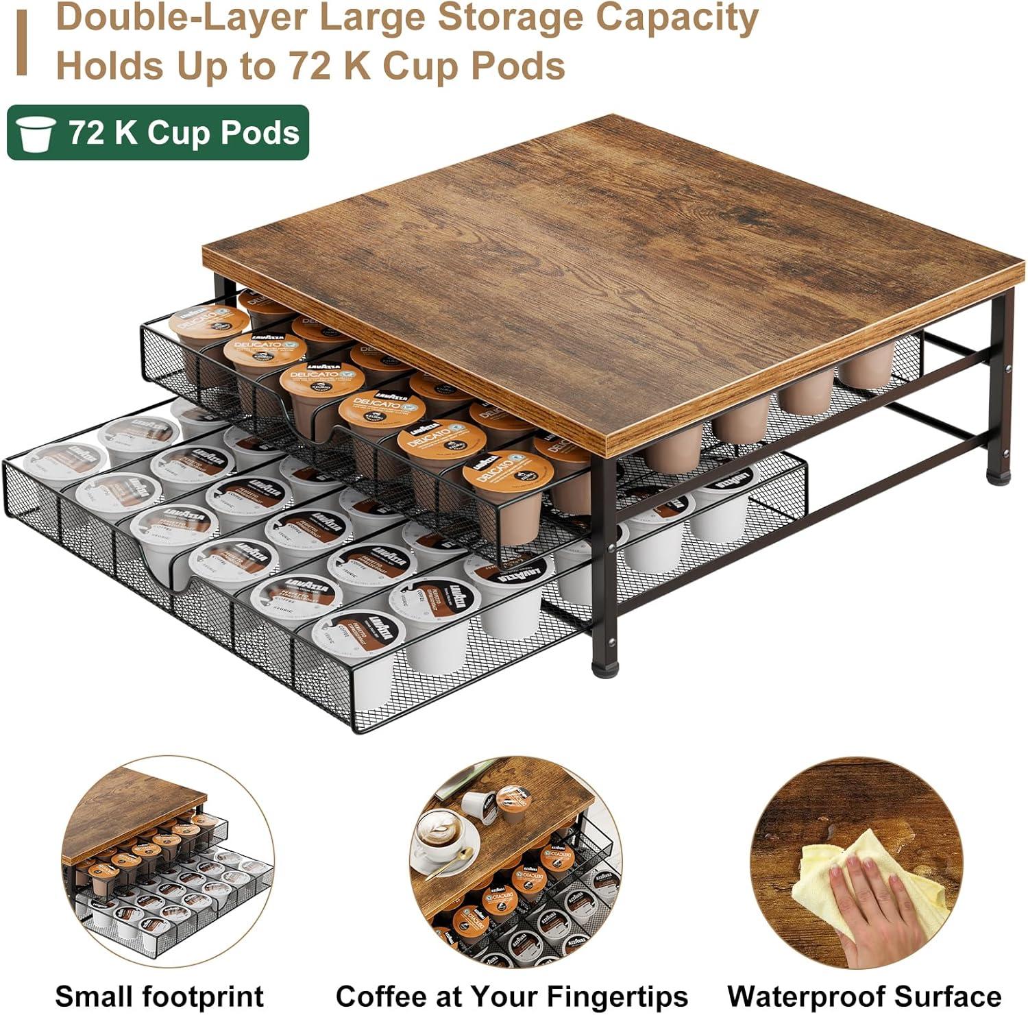 Coffee Pod Holder for K Cup Holder Drawer Holder, Coffee Pod Drawer For Counter, 2 Tier K-Cup Storage With Sliding Baskets, 72 Capacity Pods Organizer Cups Capsule for Coffee Station, Brown