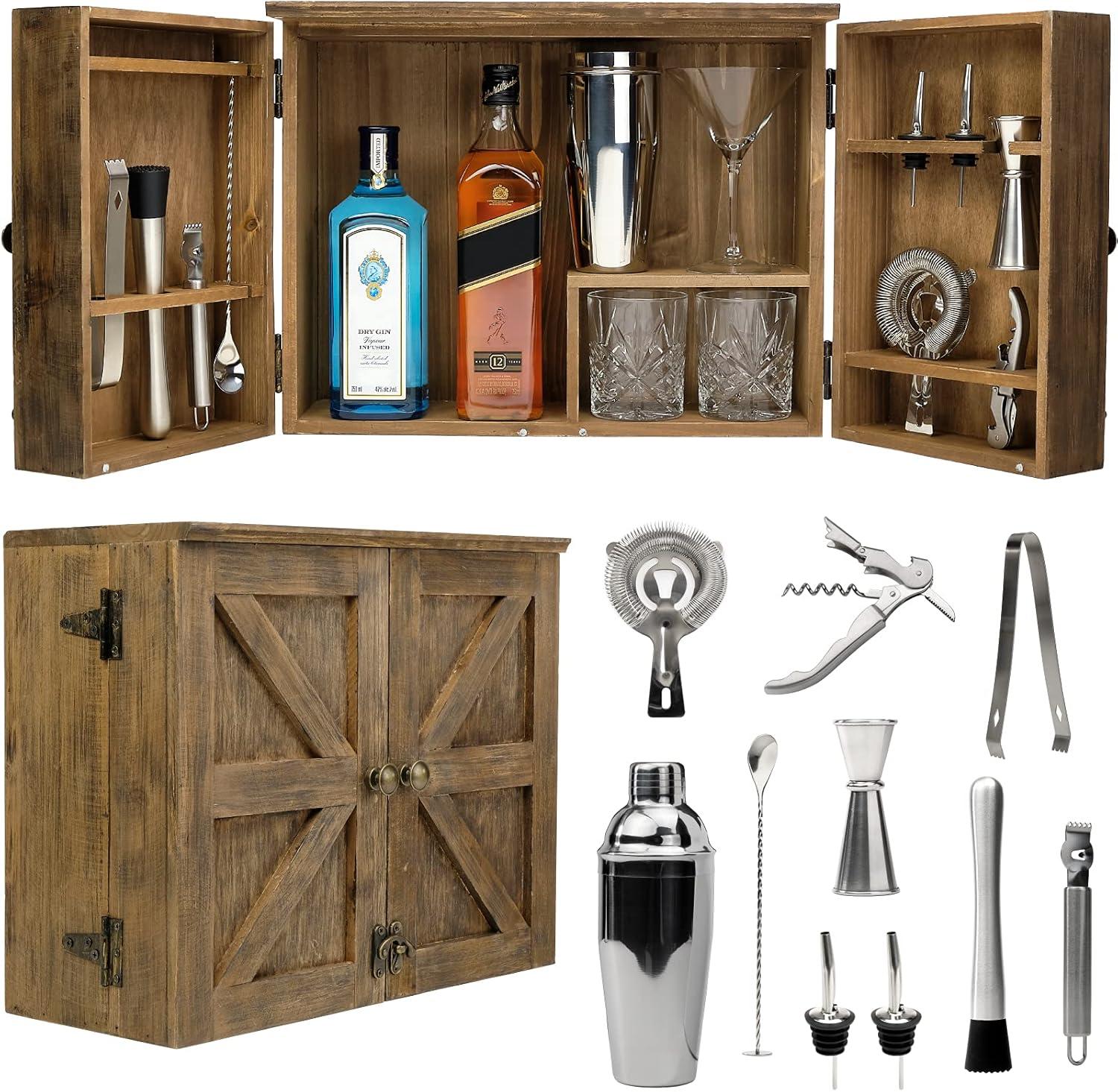 Rustic Brown Barndoor Bartender Cabinet with 12-Piece Bar Tool Set