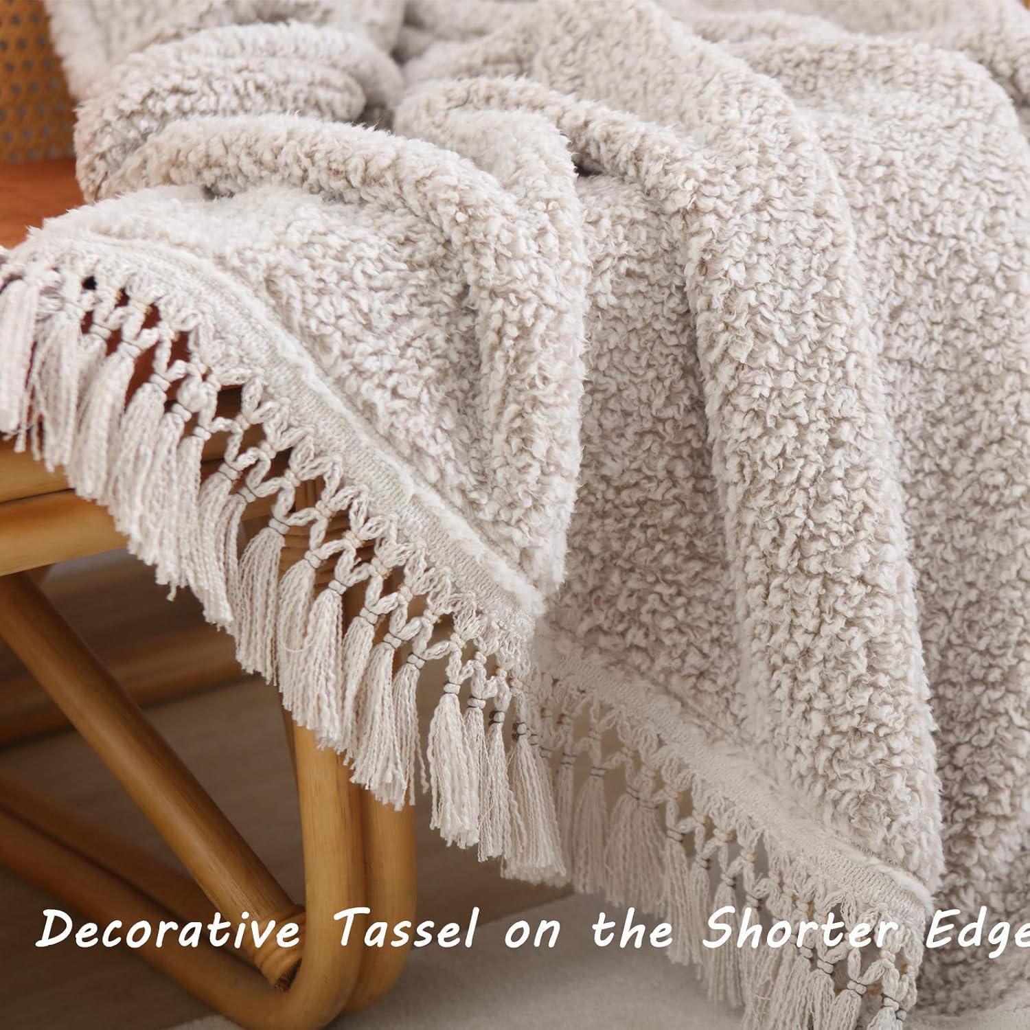 Light Brown Reversible Sherpa Throw Blanket with Tassels