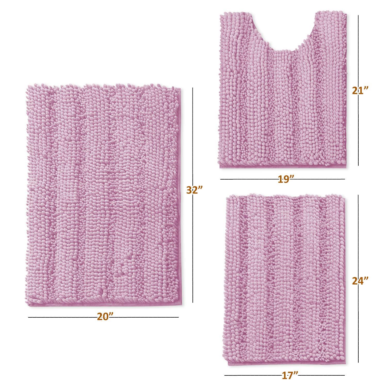 Hearth & Harbor 3 Piece Striped Bathroom Rug set, Ultra Soft Chenille Bathroom Rugs - Lilac