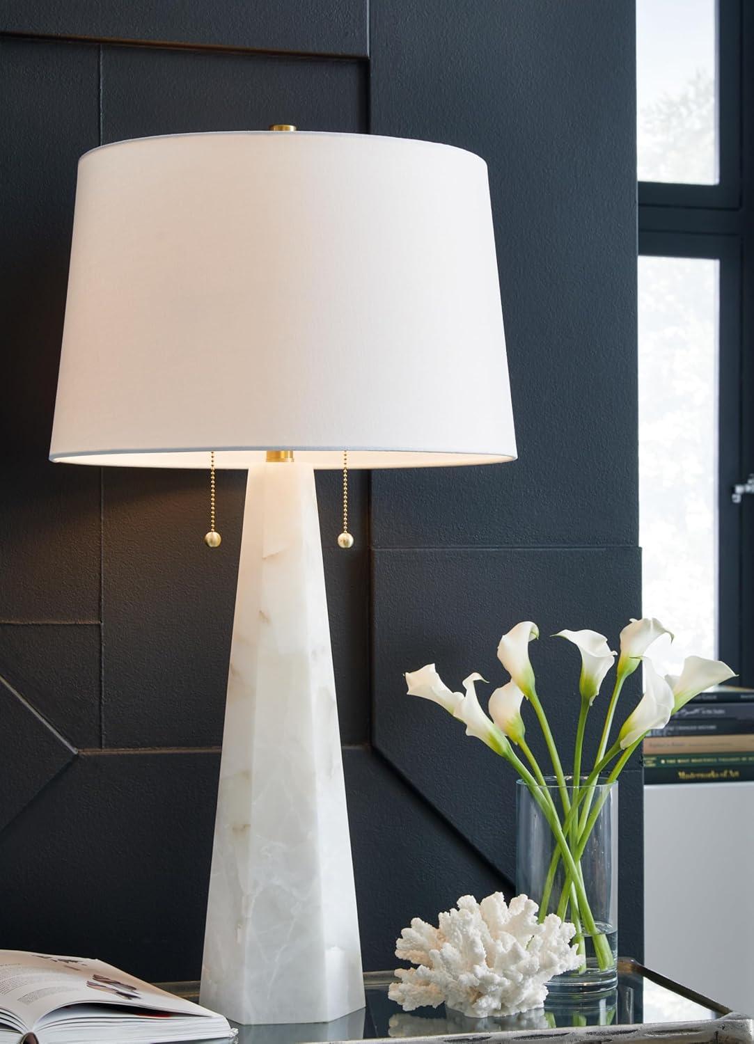 White Resin and Alabaster Table Lamp with Fabric Shade