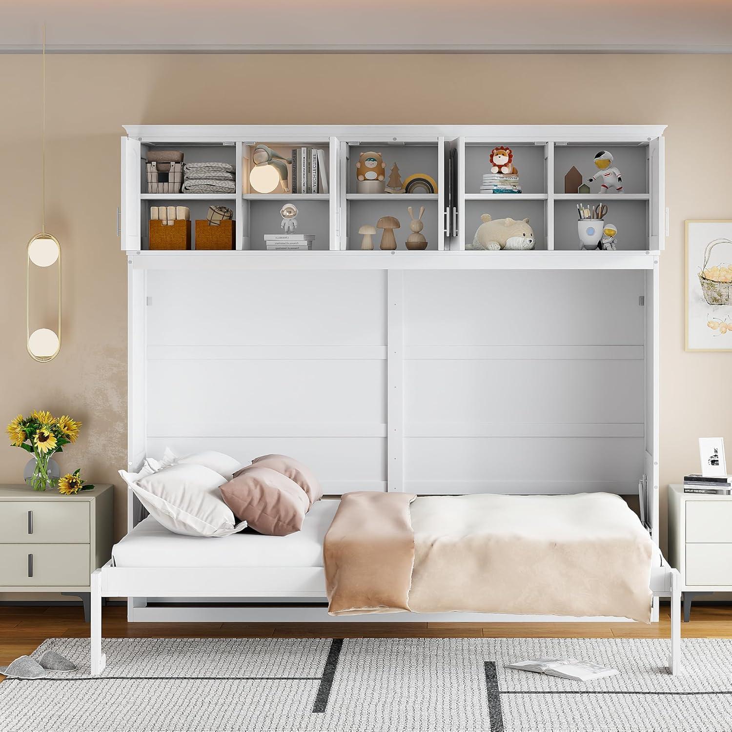 White Queen Size Murphy Bed with Storage Cabinets and Slats