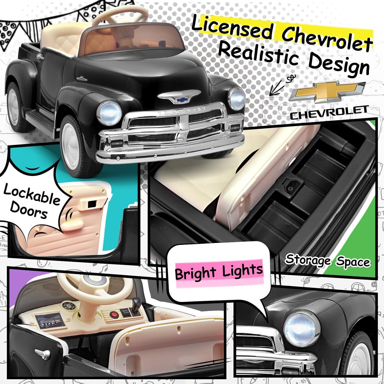Joywhale 12V Kids Ride on Car Licensed Chevrolet 3100 Pickup Battery Powered Motorized Electric Car, with 7AH Big Battery, 2.4G Remote Control, 3-Speeds, Storage Space, Music, Retro Style, Black