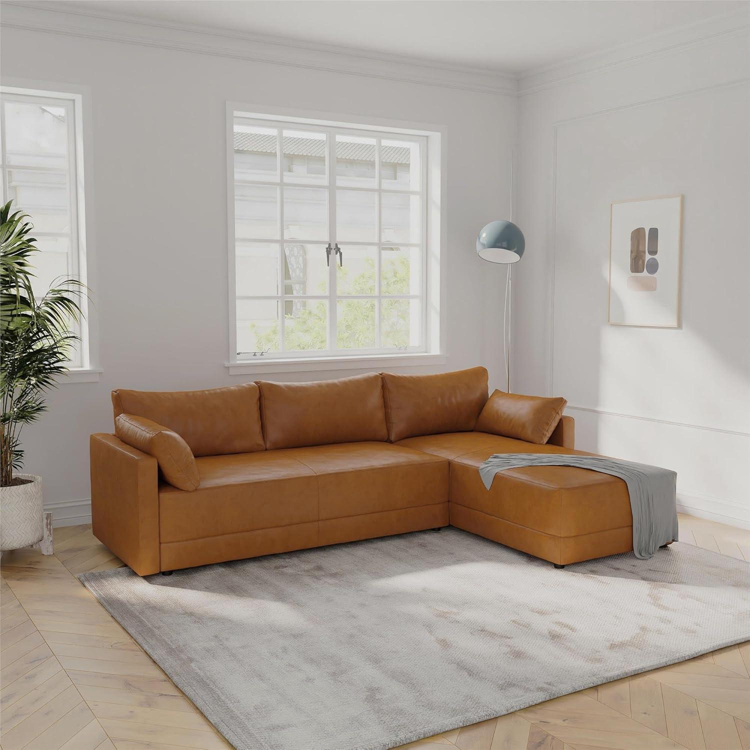 Dorel Living Kindra Sectional Sofa, Camel Faux Leather