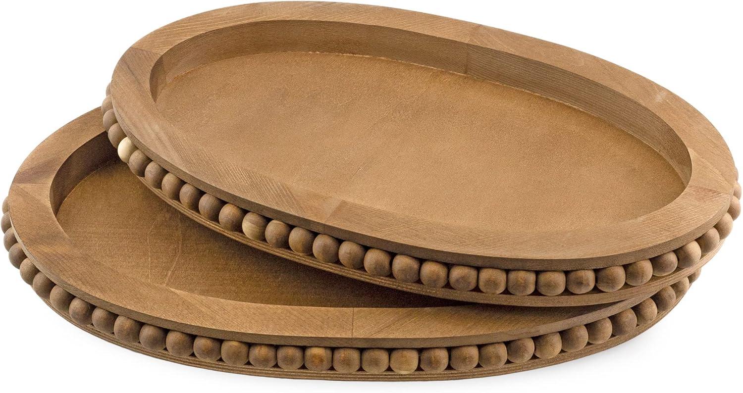 AuldHome Design Antique Brown Rustic Beaded Wood Trays, Set of 2; Farmhouse Distressed Oval Wooden Trays