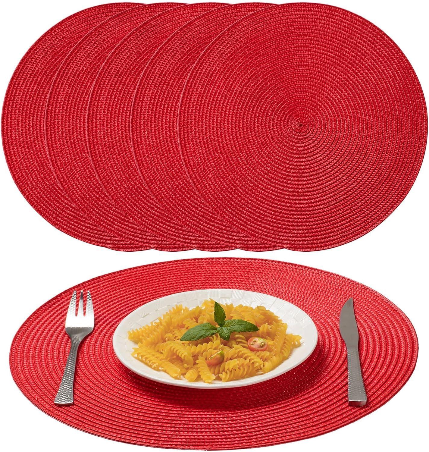 Round Woven Placemats, 4 Pcs, 15" Braided Woven Placemats, Attractive Kitchen Place Mats, Round Placemats as Table Mat (Red)