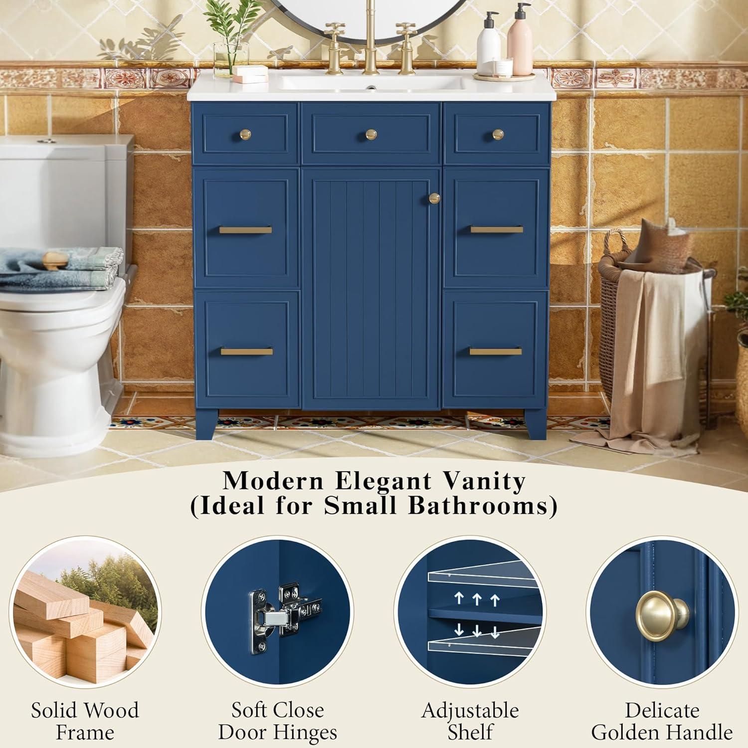 Miekor Furniture 36" Bathroom Vanity Cabinet with Sink Top Combo Set, Navy Blue, Single Sink, Shaker Cabinet with Soft Closing Door and Drawer W5UE-1