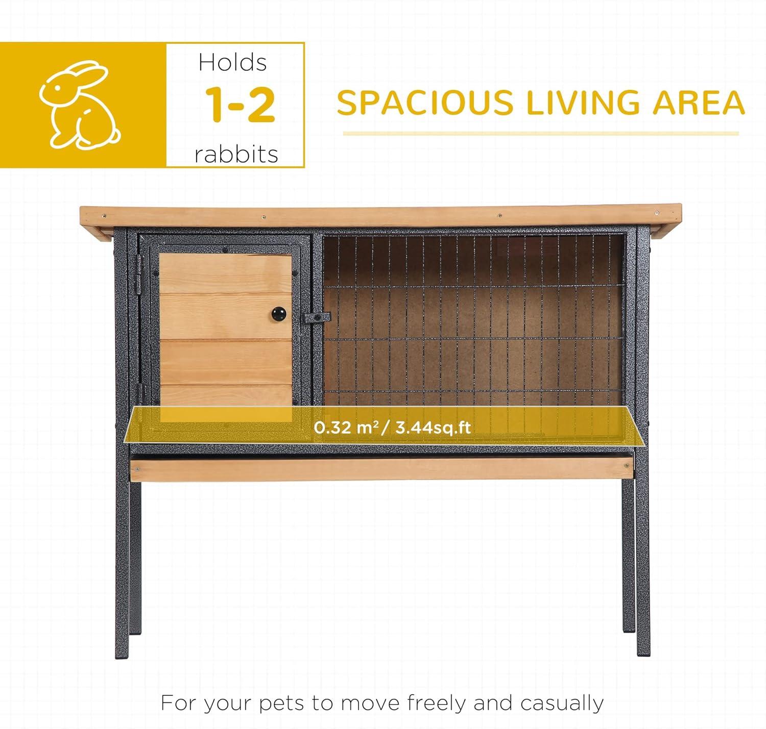PawHut Rabbit Hutch Elevated Bunny Cage Small Animal Habitat with Metal Frame, Wire Pan, and Asphalt Roof for Indoor/Outdoor Natural Wood