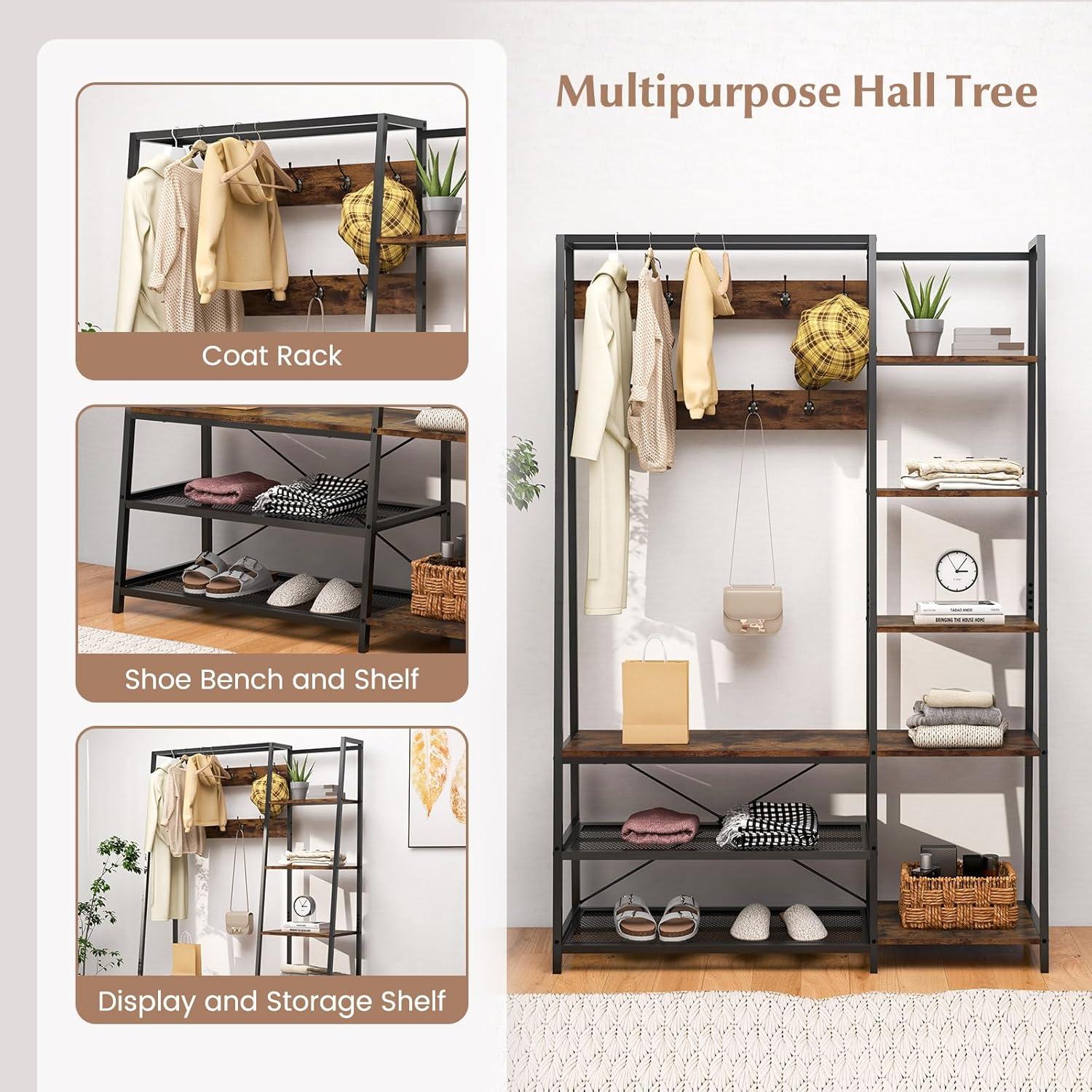 Canddidliike 5-in-1 Entryway Hall Tree with Storage Bench with 9 Hooks-Rustic Brown, Multipurpose Hat, Coat & Shoe Storage Rack, Shoe Storage Rack for Bedroom & Entryway