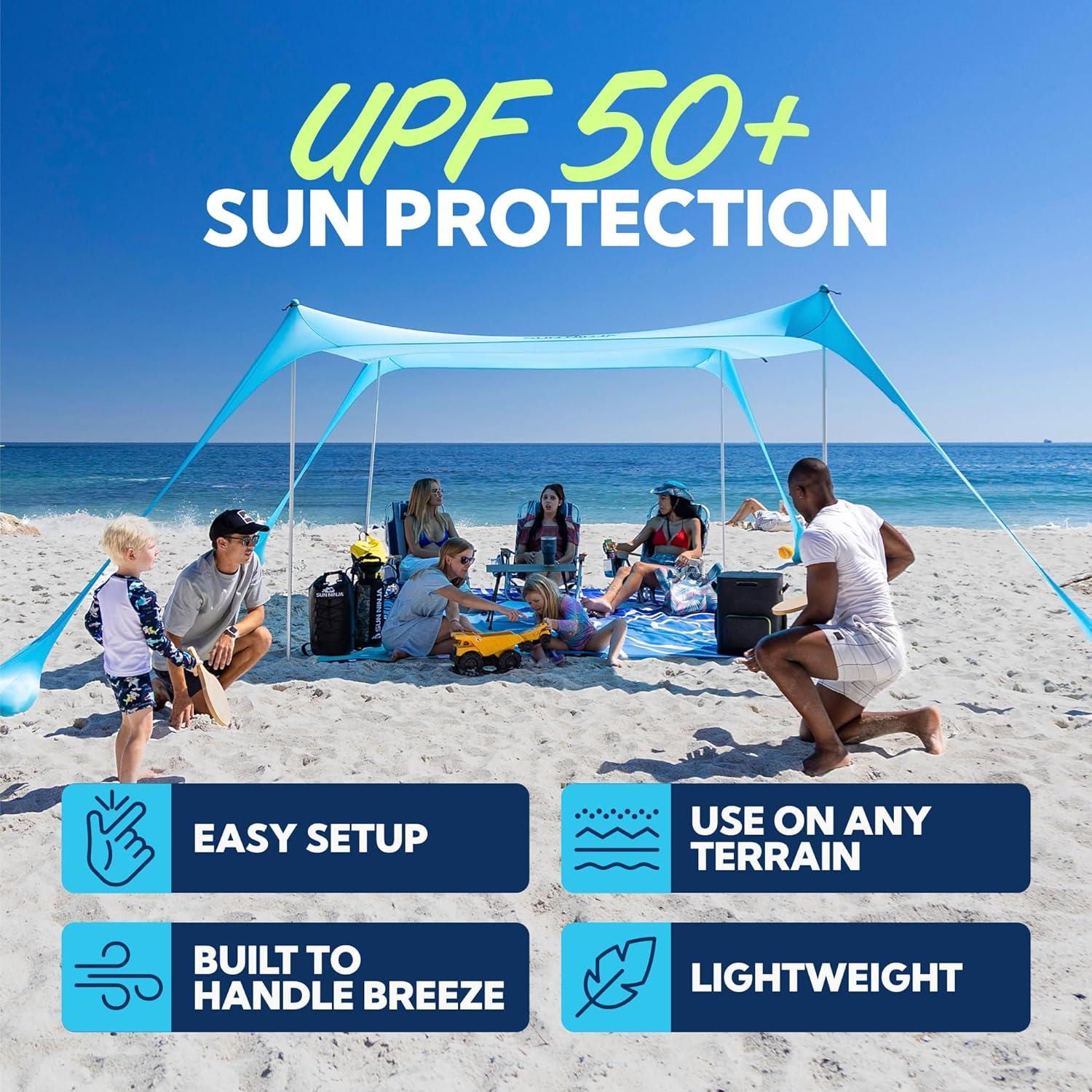 SUN NINJA 7x7.5 FT Pop-Up Beach Tent with Sand Shovel, Pegs & Stability Poles – Navy Blue Sun Shelter for Beach, Camping & Outdoor Use
