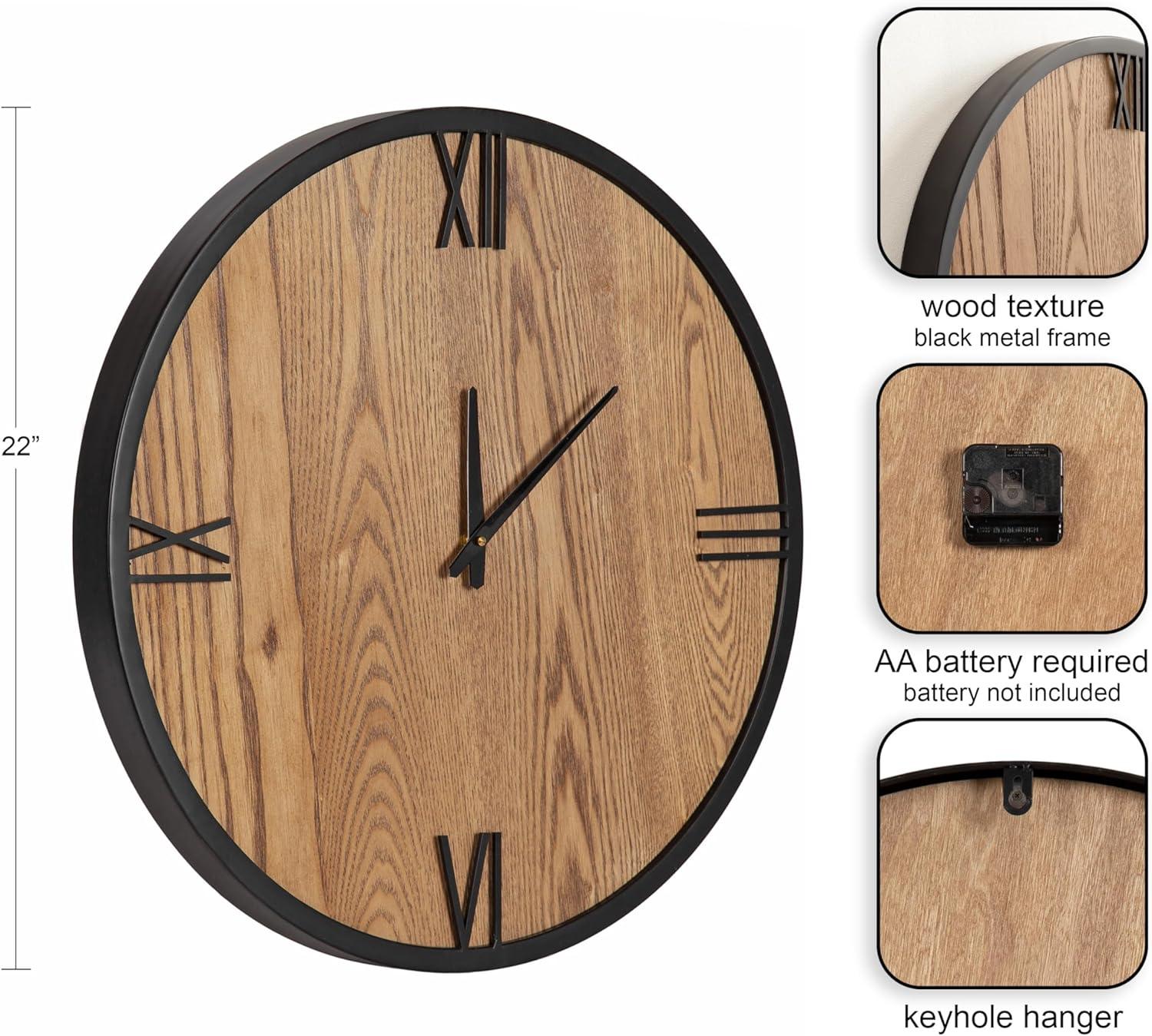 Kate and Laurel Pronte Modern Round Wood and Metal Wall Clock, 22 Inch Diameter, Rustic Brown and Black, Decorative Minimal Clock for Bedroom, Entryway, or Living Room Decor