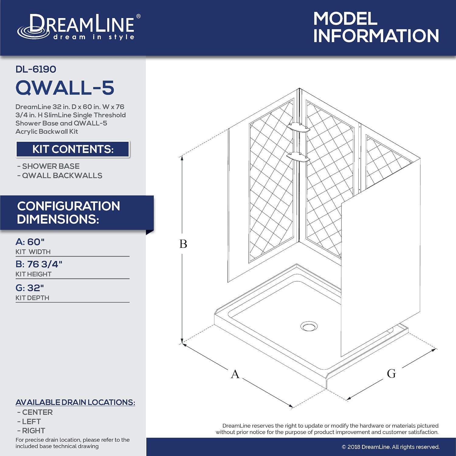DreamLine DL-6190L-01 Qwall 32" D x 60" W x 76 3/4" H Left Drain Acrylic Shower Base and Wall Kit in White