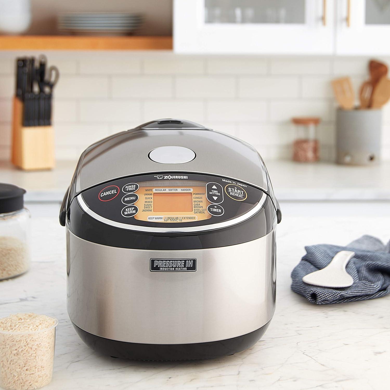 Zojirushi 10 Cup Pressure Induction Heating Rice Cooker & Warmer - NP-NWC18XB: Stainless Steel, 11 Settings, Nonstick