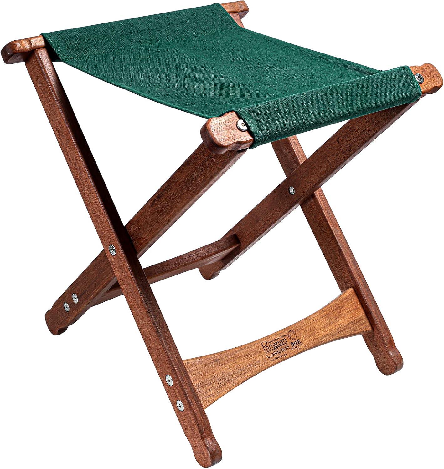 Compact Keruing Wood Folding Stool with Green Polyester Canvas